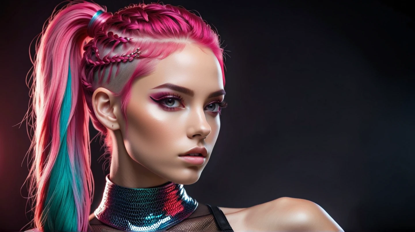 Gorgeous european woman with short hair, ponytail, wet hair, hair slicked back, combed straight back, slick hair, blaxk gradient hair, dressed as Barbie in pink and blue, jewelry, cleavage, glamour, solid dark grey background