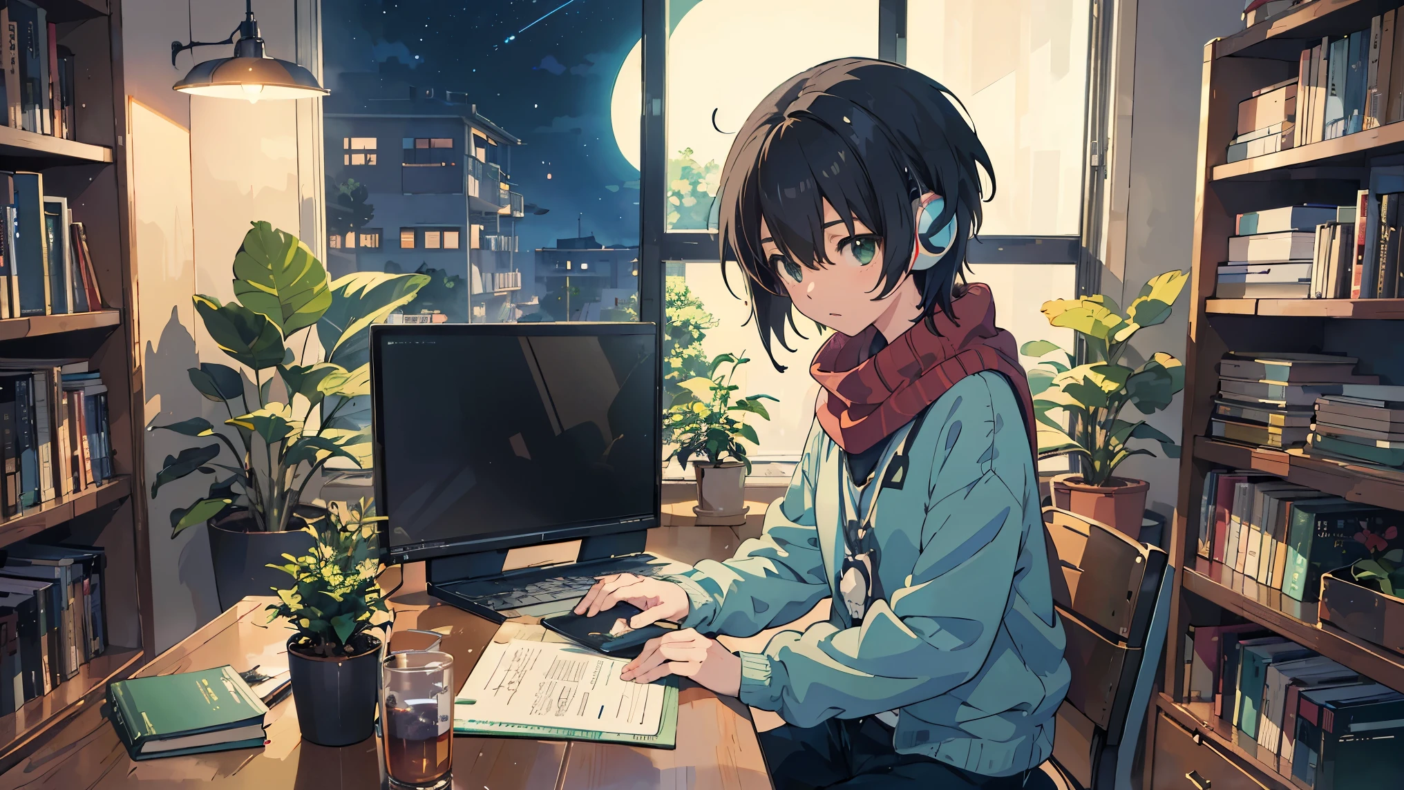 (best quality,masterpiece,super high resolution,super detailed:1.2), anime girl sitting at desk studying, Light green sweater, black shorts, Red scarf with black stripes, black hair, Pretty Eyes, laptop and headphones, potted plants, books, bookshelf, night, デジタルanime illustration, Keyframe Illustration, Gweiz-style Artwork , Makoto Shinkai' art style , Digital Anime Art, Makoto Shinkai style, Lofi Girl , anime style illustration, {{lofi art style}}, anime illustration, from side, looking away