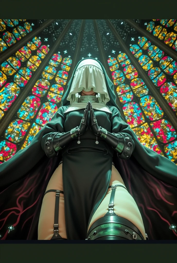 araffe dressed in black sitting on a pew with a cell phone, commission for high res, helltaker, mistress, billie eilish as a nun, dominatrix, nun outfit, commission for, vampire nun, digital art from danganronpa, billie eilish as a sad nun, biblical female android, nun fashion model, an evil nun, holy inquisition