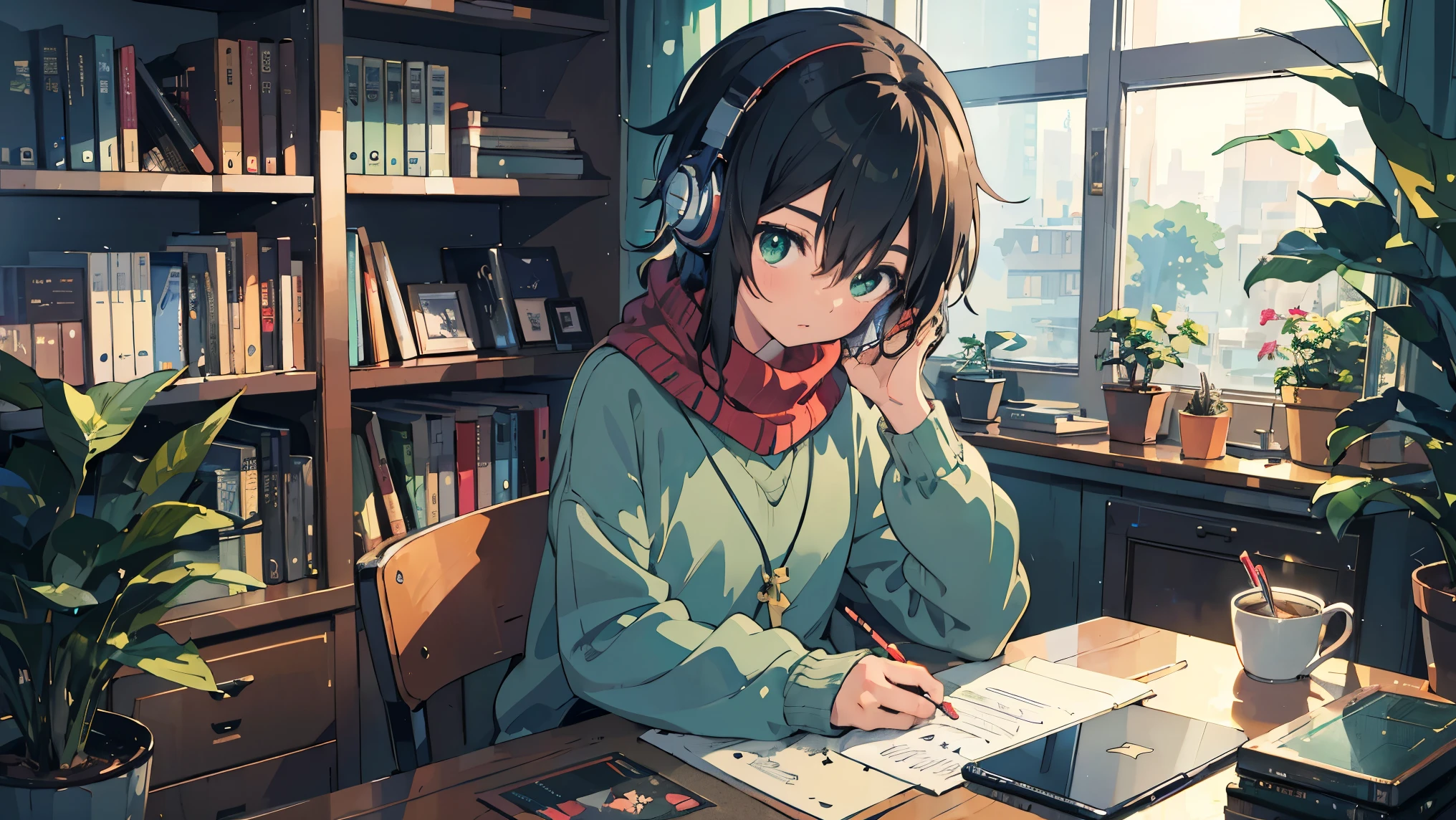 ((best quality)), ((masterpiece)), ((super high resolution)), ((super detailed)), (anime girl sitting at desk using laptop and headphones), (Light green sweater), (black shorts), (Red scarf with black stripes), ( black hair), (look away:1.4), Pretty Eyes, potted plants, books, bookshelf, books, bookshelf, night , digital anime illustration, Keyframe Illustration, Gweiz-style Artwork , Makoto Shinkai' art style , lofi , Digital Anime Art, Makoto Shinkai style, Lofi Girl , ( sitting at desk and hitting keyboard ), anime style illustration, {{lofi art style}}, anime illustration, from side