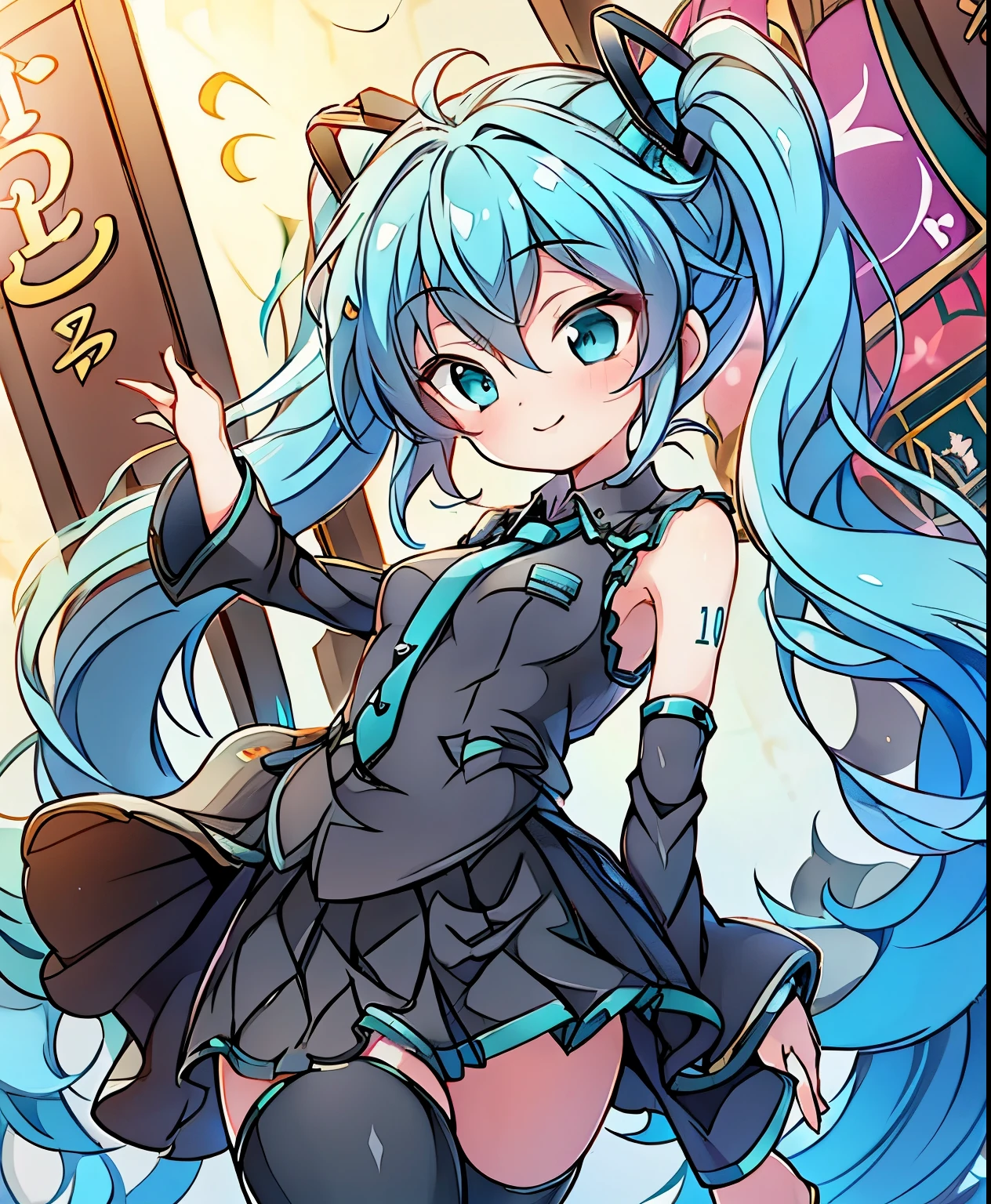hatsune miku、Cute Smile、Open your mouth、Chibi Character、Highest quality、Full body image
