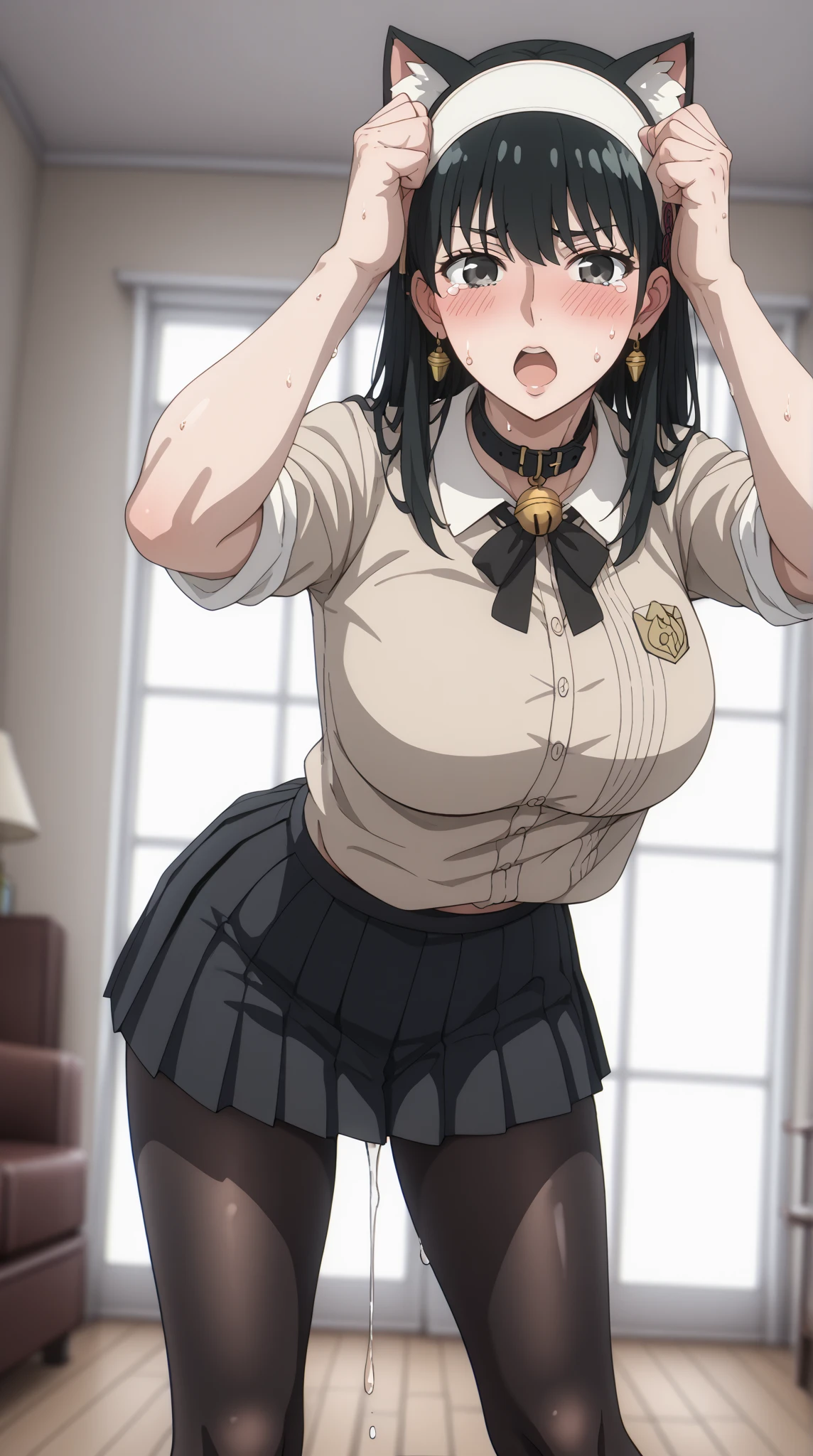 viewers、angle from the front、Full Body Shot,score_9, score_8_up, score_7_up, source_ anime、TOP QUALITY、8k、 masterpiece、Ultra High Precision、 natural light、perfect anatomy、 one woman、BIG BREAST on SNS、 firm chest 、 Mouth open vertically、white headband、A black collar with a bell、 black hair、 cute face、 Clear Eyes ,A little teary、embarrassed face、After the change、Beige clothes、(black pleated mini skirt:1.5),(black pantyhose:1.5)、Sweat dripping from crotch、(Standing pose with bent forward and crotch spread:1.5)、Clenched Fist、Cat pose with hands on head、