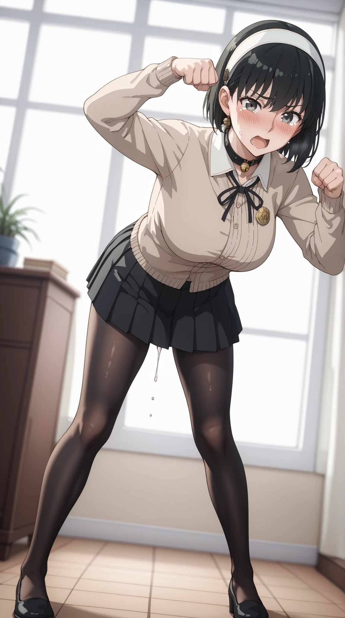 viewers、angle from the front、Full Body Shot,score_9, score_8_up, score_7_up, source_ anime、TOP QUALITY、8k、 masterpiece、Ultra High Precision、 natural light、perfect anatomy、 one woman、BIG BREAST on SNS、 firm chest 、 Mouth open vertically、white headband、A black collar with a bell、 black hair、 cute face、 Clear Eyes ,A little teary、embarrassed face、After the change、Beige clothes、(black pleated mini skirt:1.5),(black pantyhose:1.5)、Sweat dripping from crotch、(Standing pose with bent forward and crotch spread:1.5)、Clenched Fist、Cat pose with hands on head、