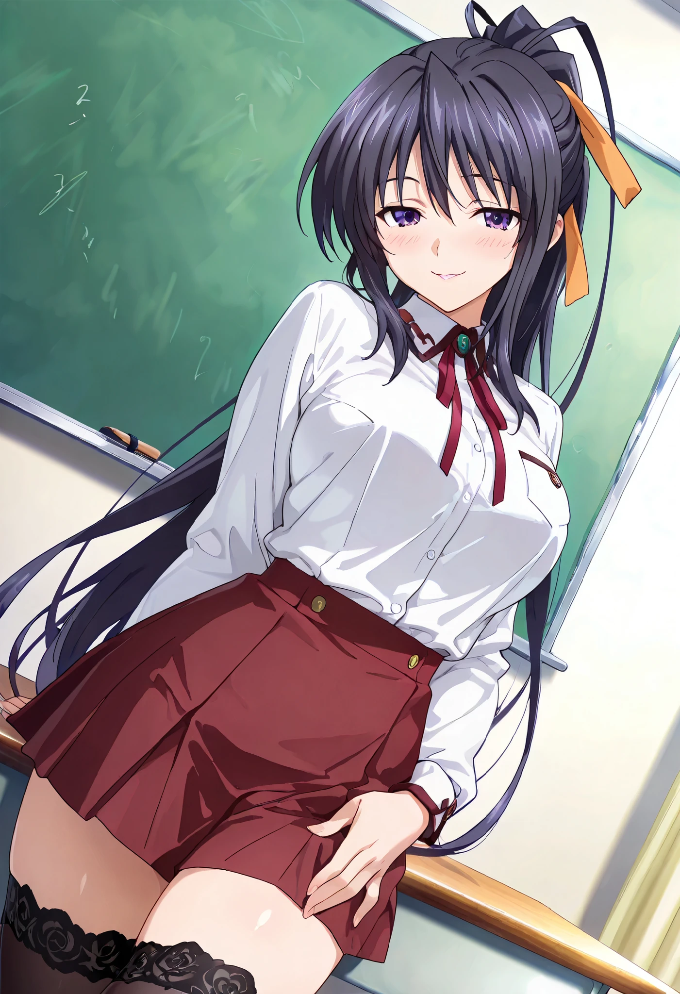 1 woman, akeno himejima, solo, dutch angle, dark hair, violet eyes, school uniform, white shirt, red skirt, thigh-high stockings, thicc thighs, seductive pose, seductive smile, blush, classroom, masterpiece, high quality, highly detailed