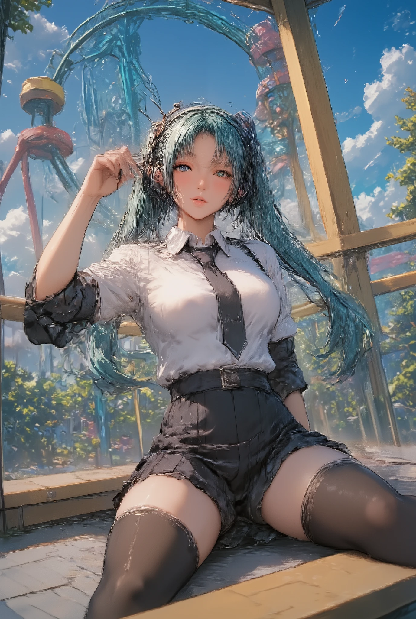 Miku Nakano with long black hair, lying on the grass looking at the sky with an excited face,in black underwear and totally wet