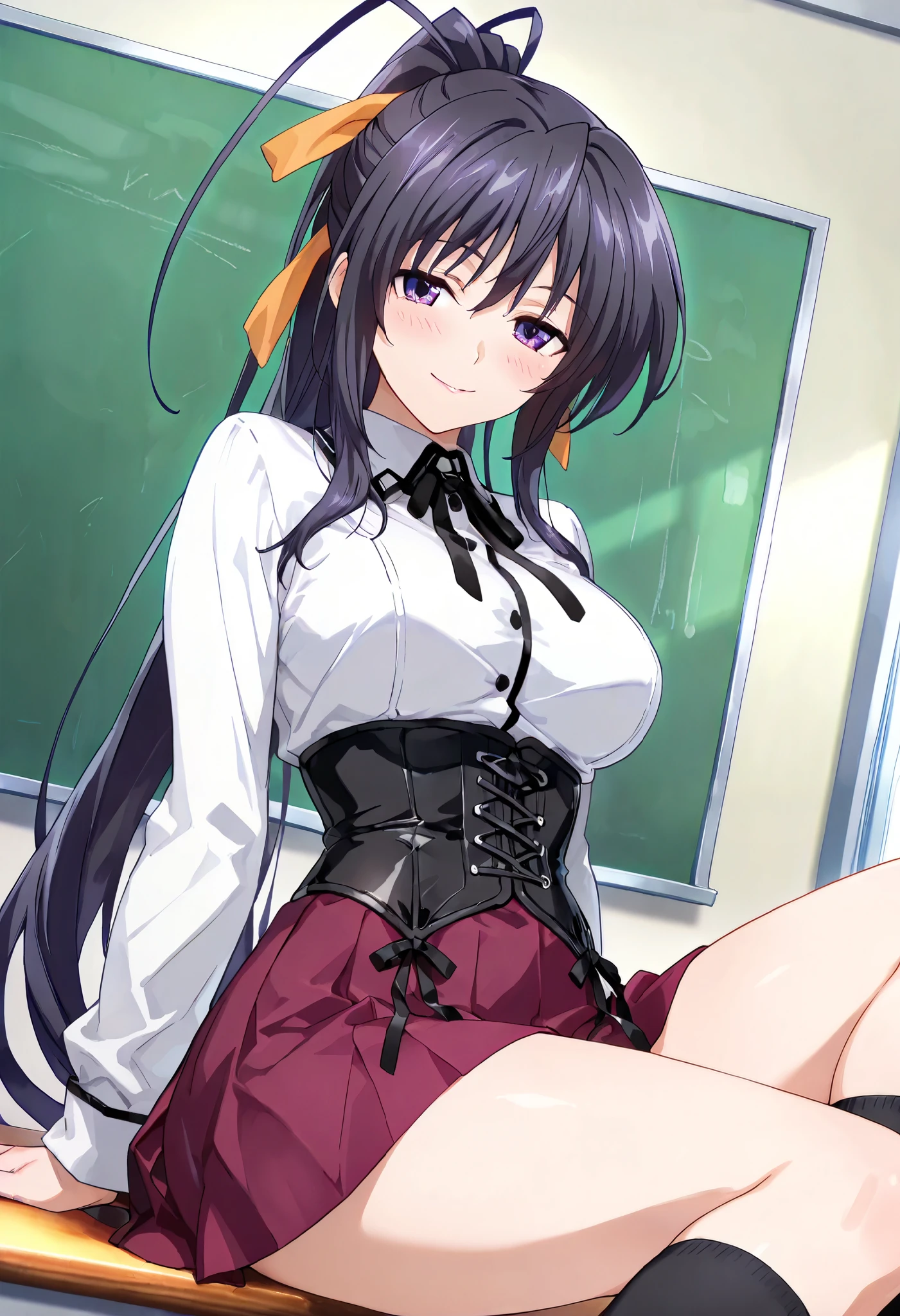 1 woman, akeno himejima, solo, dutch angle, dark hair, violet eyes, school uniform, white shirt, black ribbon, magenta skirt, black corset, black socks, thicc thighs, seductive pose, seductive smile, blush, classroom, masterpiece, high quality, highly detailed