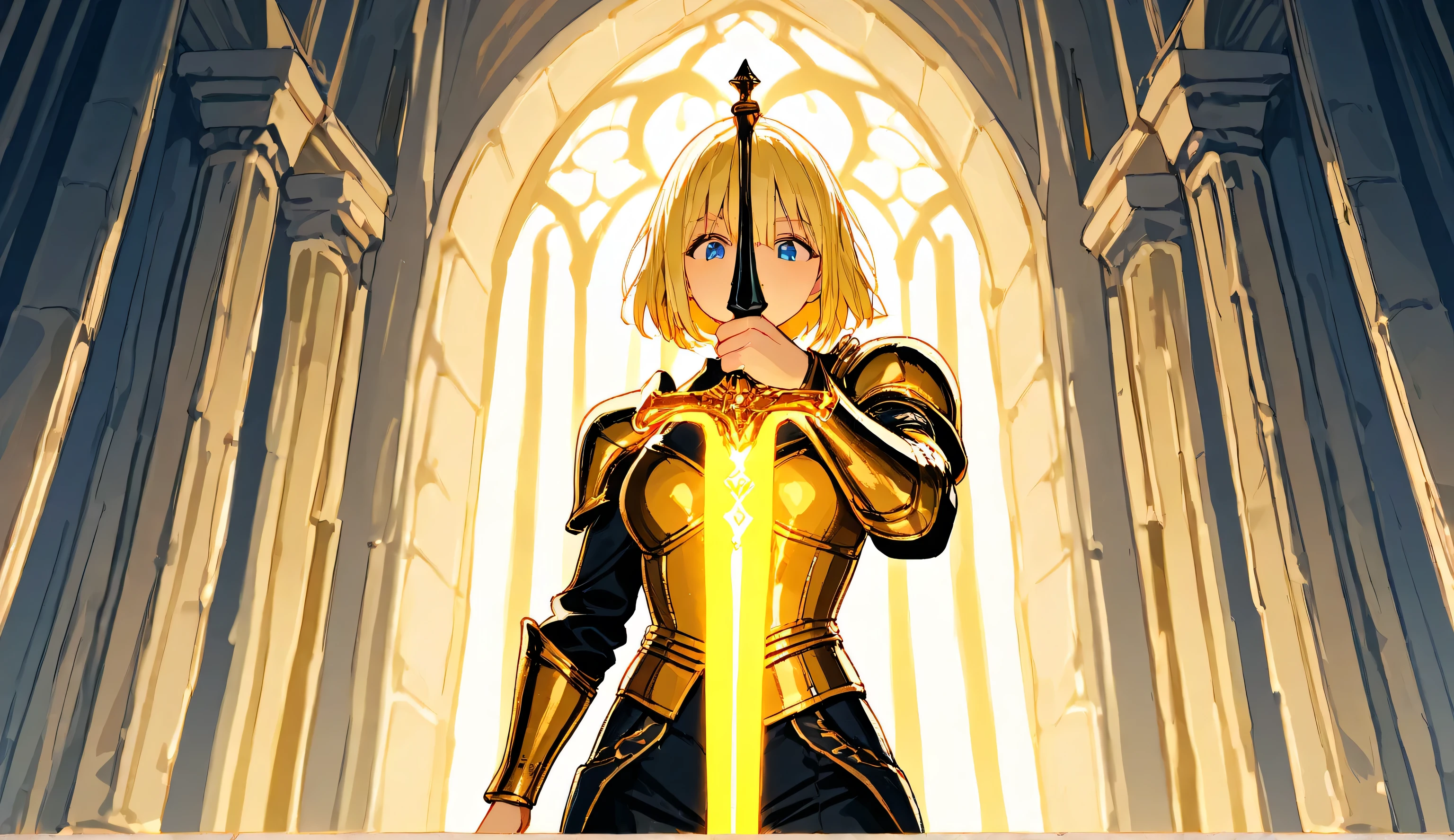 An anime-style blonde girl dressed in a majestic golden Western-style suit of armor stands in front of a grand medieval castle. She holds a glowing sword in her right hand, its radiant light reflecting off her polished armor. As she gracefully turns around, her determined yet noble expression captures a sense of strength and elegance. The towering castle behind her, with its intricate stone walls and high towers, adds to the epic and regal atmosphere. A full-body depiction showcases her heroic presence in this fantasy setting.