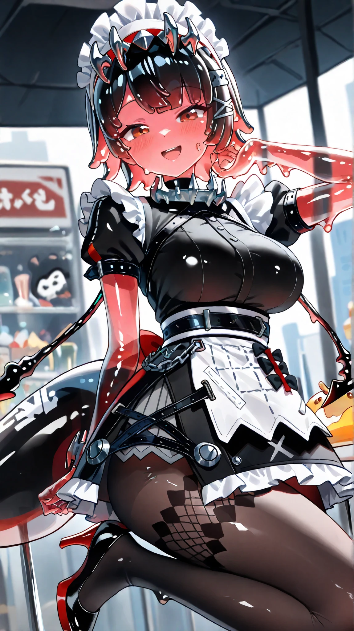 (Zenless Zone Zero), (ellen joe as a Slime girl with slime body, melting slime girl, viscuous body, 1 young beautiful woman, very shiny wrinkled clothes, pantyhose, high heels, Slime hair, enchanting smile, open mouth, blushing, red eyes, very beautiful and detailed face), (masterpiece, top quality, very detailed depiction)