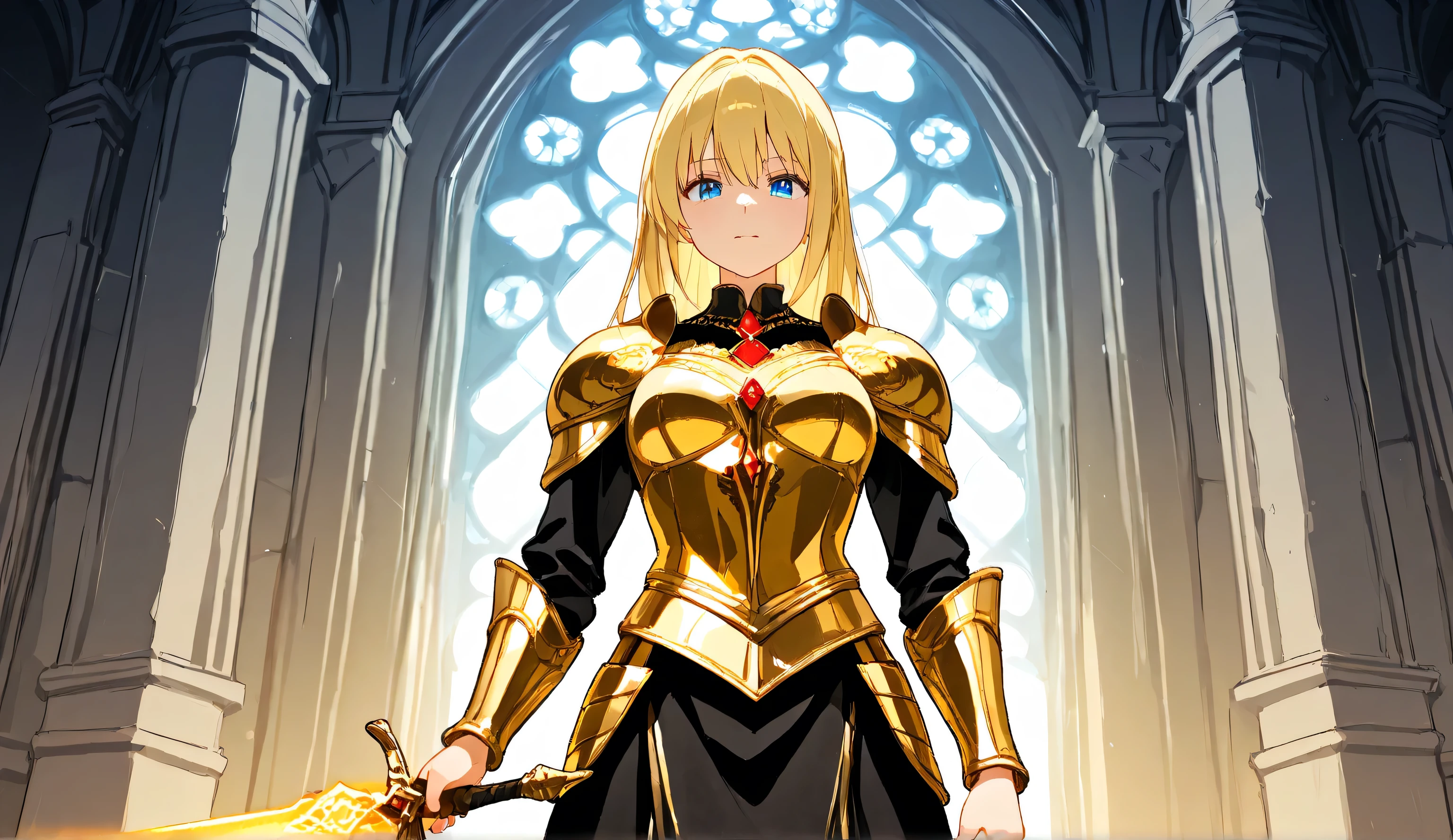 An anime-style blonde girl dressed in a majestic golden Western-style suit of armor stands in front of a grand medieval castle. She holds a glowing sword in her right hand, its radiant light reflecting off her polished armor. As she gracefully turns around, her determined yet noble expression captures a sense of strength and elegance. The towering castle behind her, with its intricate stone walls and high towers, adds to the epic and regal atmosphere. A full-body depiction showcases her heroic presence in this fantasy setting.