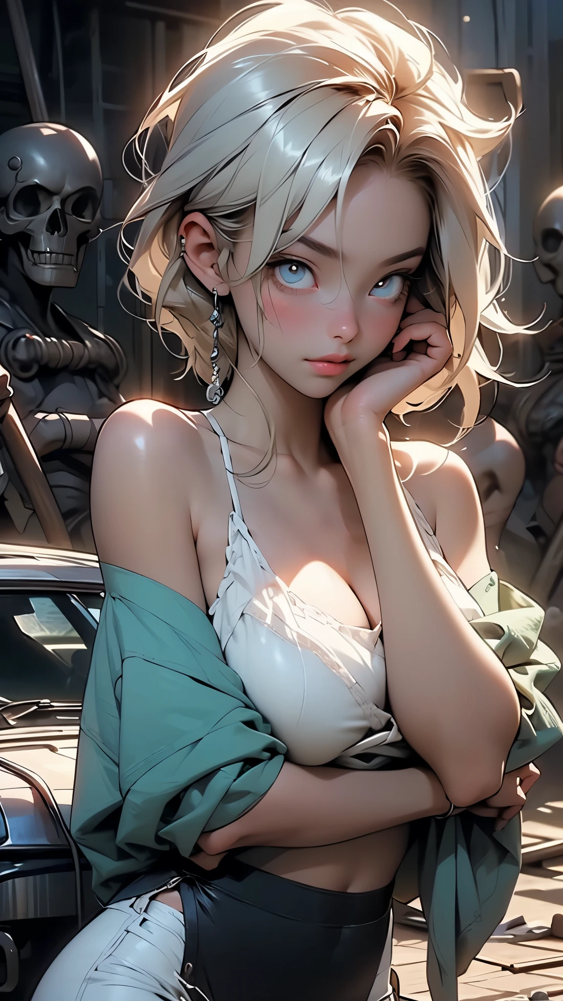 (masterpiece, best quality), (blue eyes), (perfect hands), (High Resolution), (Absurd resolution), (Hyper realistic), (Hyper definition), (Ultra realistic), (HD Resolution), ((detailed face)), ((award-winning)), (high detail), (Sharp,) (8k resolution,) (Cinematic lighting), (soft lighting), (Eye contact), (Hyperdetailed) (Photorealistic) (green eyes), (Blood on cloths), (Blood on body), (Blood in hair), (Blood on knife), A horror picture of A slender adult woman with large breasts, With wavy wet blonde hair wearing a wet, blood soaked, light blue flower print sundress that clung to her blood covered body. She has a worried look in her eyes. A tear rolling down one cheek. the background is in the city at nite 12 am. Rain falling from the sky. She has hoodie on. The hood over her head. A long dagger held in one hand.