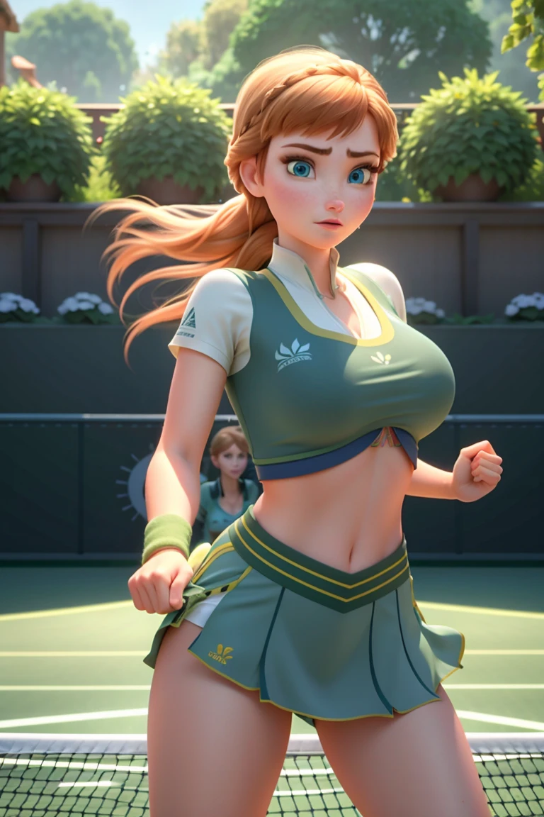 Photo of Anna of Arendelle as a tenis player, tenis court, tenis clothes, tenis outfit, action: playing tenis, Anna from Disney Frozen movie, tall and sexy, superb face, perfect body, provocative, Nice, show breasts, huge breasts, tall, sexy legs, bursting huge breasts, wide hips, busty, sexy, enormous breasts, happy.
