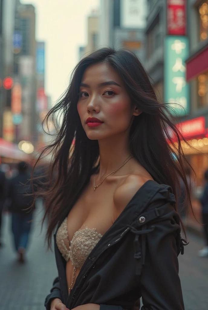 a woman in a white coat and black bra top on a city street, beautiful south korean woman, gorgeous young korean woman, beautiful young korean woman, gorgeous chinese model, korean girl, korean woman, beautiful asian girl, korean women's fashion model, beautiful asian woman, chinese girl, an asian woman, japanese model, a young asian woman, young asian girl