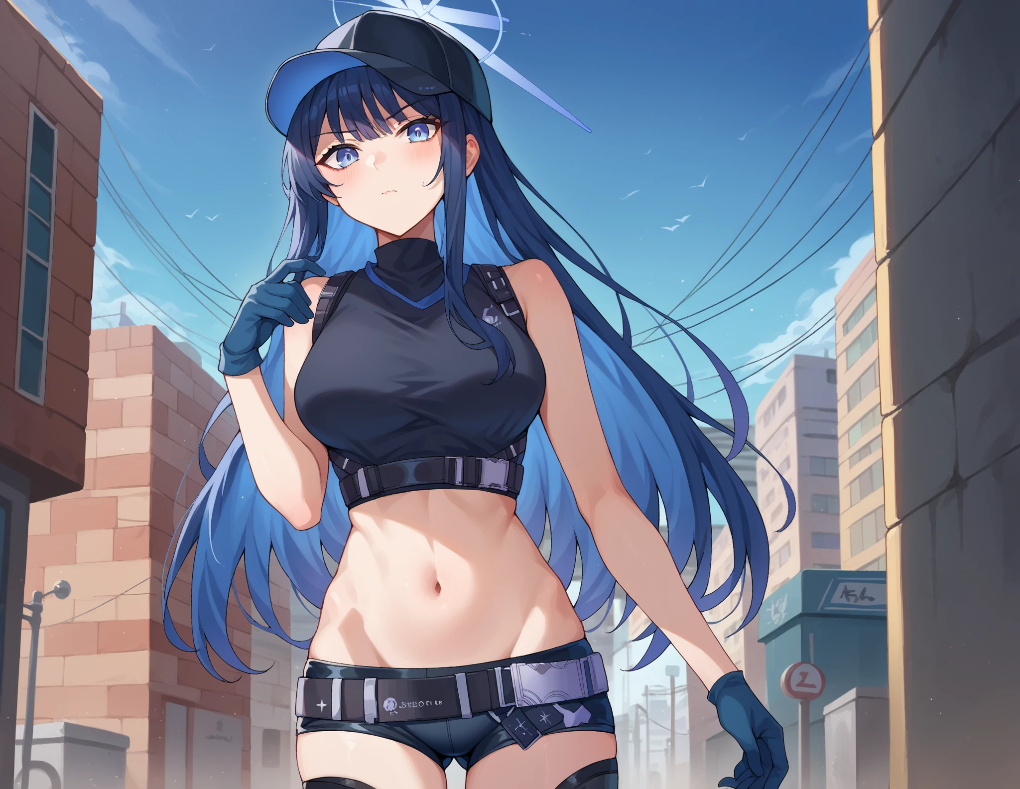 1girl, solo, blue eyes, long hair, blue hair, medium breasts, closed mouth,
bare arms, bare legs, bare shoulders, bikini, ((bulletproof vest)), collarbone, cropped vest, groin, navel, swimsuit,
(police), police hat, police uniform, policewoman, side-tie bikini bottom, stomach, vest, watch
<lora:saori_anythingv1:0.65>