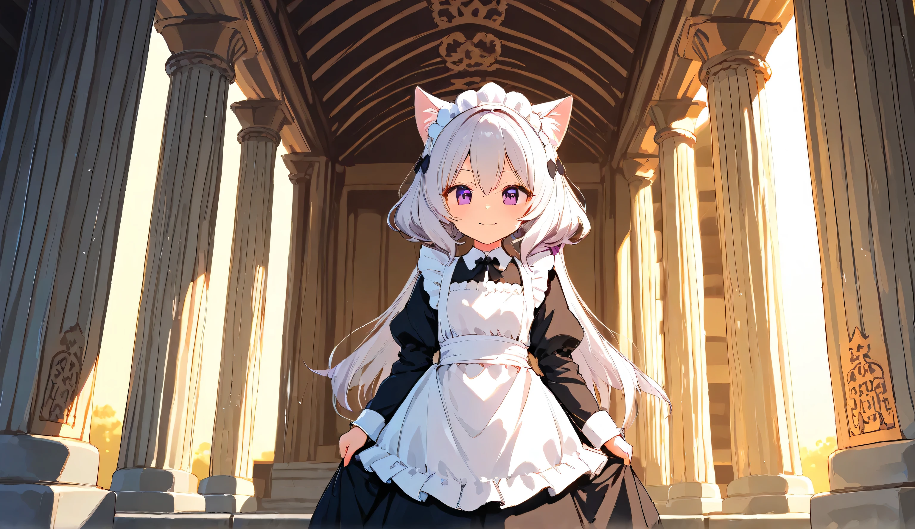A ite cat-eared girl with a Japanese facial appearance stands inside an ancient Greek temple, dressed in a classic maid outfit. She gracefully turns around, her feline ears twitching slightly as she gazes back with a gentle expression. The grand marble columns and intricate carvings of the temple surround her, bathed in soft, warm light filtering through the openings. Her delicate yet confident posture contrasts with the majestic architecture, creating a unique blend of fantasy and historical elegance. A full-body depiction captures her refined yet charming presence in this timeless setting.