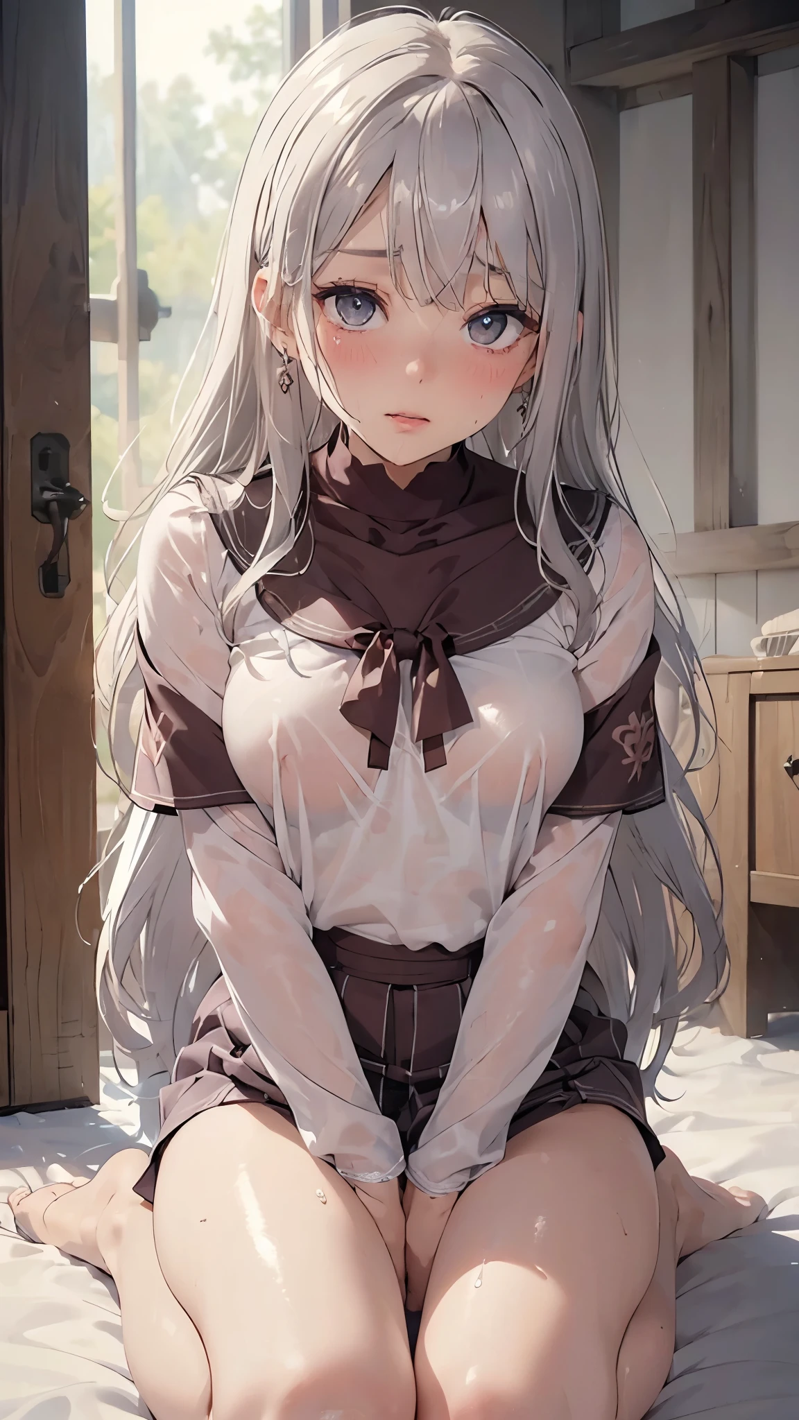 (masterpiece: 1.3), ( from below: 1.2), (Ultra HDTV: 1.2), cinematic light , 8k resolution for ren,
detailed eyes and skin, more features, , (sharp concentration: 1.2), (focus on the face:1.2),perfect style, beautiful face, accurate, 人体解剖学的に accurate, extremely detailed face and skin textures with tattered holes, detailed eyes, double eyelid, thin eyebrows, natural blush, Glossy Skin, white skin: 1.2, (glossy lips: 1.4),、 (embarrassed expression: 1.2), very detailed face and skin texture, detailed eyes, double eyelid, natural blush, , shiny lips in a water lake: 1.4,EXPOSED CLEVAGE、(Sperm on chest:1.8)(Sperm on thighs:1.8)、(Overflowing sperm 1.5)、
blush、 was humiliated、impatience、Disappointment、Scared、Glare、crying、shy、Open your knees、opens her legs、Masturbation behavior、Rub your genitals with your fingers,,,,,、
white underwear、white bra、shiny little earrings and necklaces、、 disheveled clothes、dressing、 Exposed Panties、Wearing sweat、soaked、Transparent underwear、
Age 25, pretty and clean woman 、wave hair、 semi-long hair, big, upturned chest, sit on the floor,Ruins、 silver hair、Green-gray eyes,( monastery uniform :1.3)、