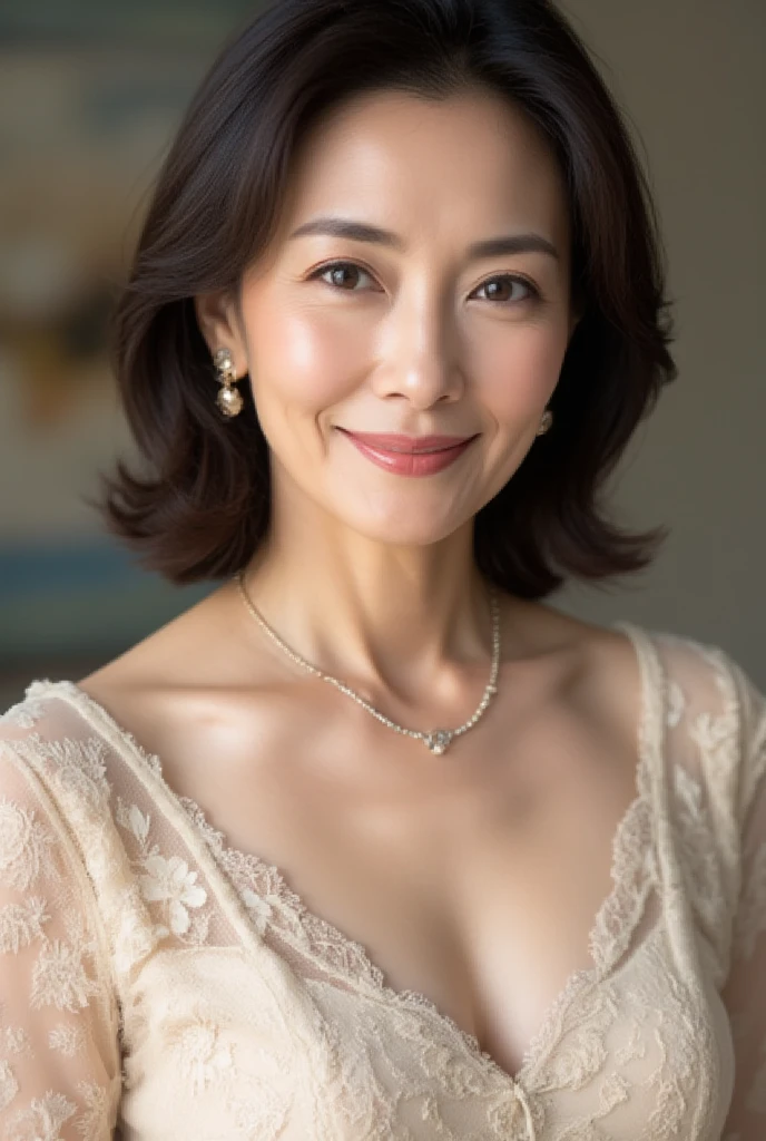 best quality, ultra detailed, masterpiece, 16K, bar, old woman, smiling, standing, arms crossed, looking at viewer, hime cut, drill hair, brown hair, big eyes, pale skin, wrinkles skin, detailed face, detailed skin, glamorous, voluptuous, black high slit dress, piercing, necklace, high heels, beauty mark, delicate facial features, curvy, elderly, japanese, inside, in the bar, with a sofa, at night, ultra realistic photo, hyperrealistic photo, realism, real person, cowboy shot, from front, wide view, wide shot, intense wide shot, extreme wide shot
