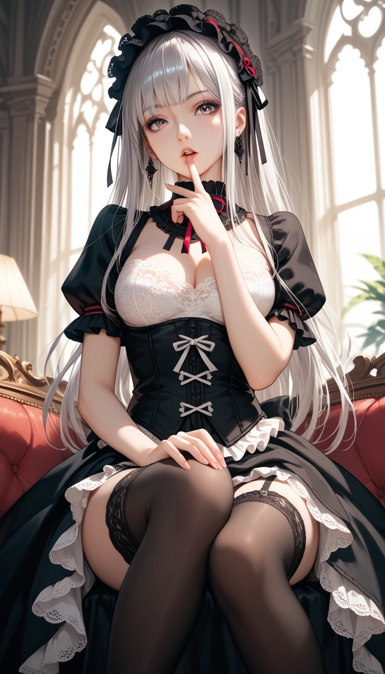  A 23-year-old gothic punk goth girl, perfect face, beautiful Asian woman with long White hair in curls and coils, very cute and           beautiful girl, (highly detailed beautiful face),
]cowboy shot, looking at viewer, kneeling, skirt lift, white panties (Red gothic Lolita dress with detailed frills), detailed lace, 
(best quality,masterpiece:1.0) high res, ultra-detailed, extremely detailed,32k,8k resolution,
intricate details, cinematic scene, detailed background, solo, dynamic angle,