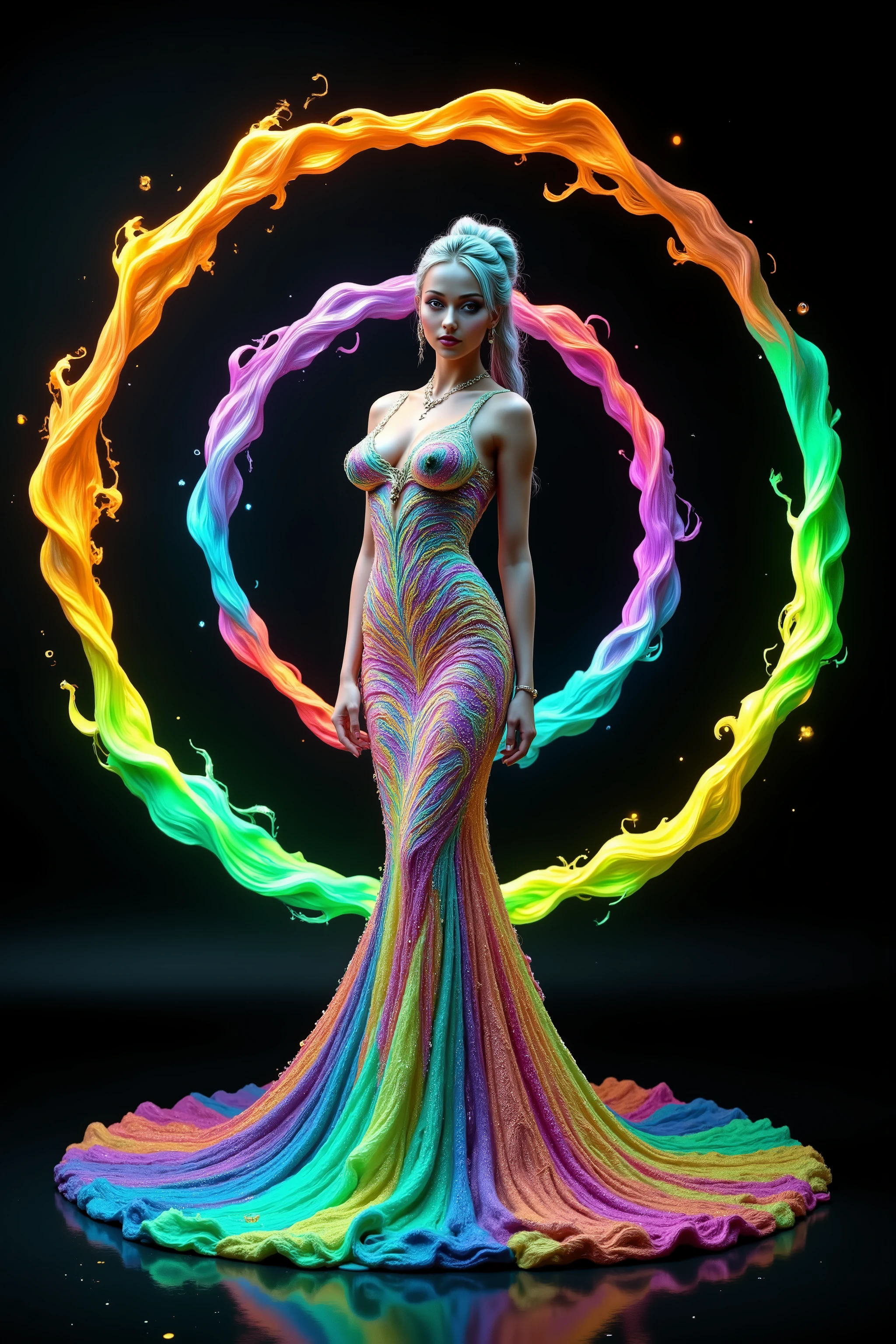 Take this image and multiply the number of swirl lines around the woman while infusing lots of vibrant neon bioluminescent colors in the swirls as well. Make her mermaid gown look like thick shag carpet and toothpaste mixed and have all the light hit it, and reverberate it into the colored swirls around her. Change the patterns on the dress when appropriate. The swirl patterns should be triple or quadruple the amount of colored lines from the image. Make the woman ultra-realistic, and more attractive. Surrealism, asthetically incredible, light display, lit up around the woman. Photorealistic, ultra realistic, cinematography, ultra detailed. Triple Bun, Braided Bun, Very Long Hair, Motion Lines, Sparkle, Emphasis Lines, Speed Lines, , Scanlines, Cinematic Lighting, Ray Tracing, Glowing Light, Reflection Light, God Rays, Action Painting, Icon Style, Realism, Tumbledown, Portrait Photography, Fujicolor, Hair Ribbon, crucifix, Super Detailed, Best Quality, Action Painting, Bubbles rising from foam, rising from liquid, paste, Masterpiece, From Below, Parted Lips, neon, lit up colored swirls, against a flat coal black background. Girl and swirls light up like bioluminescence.