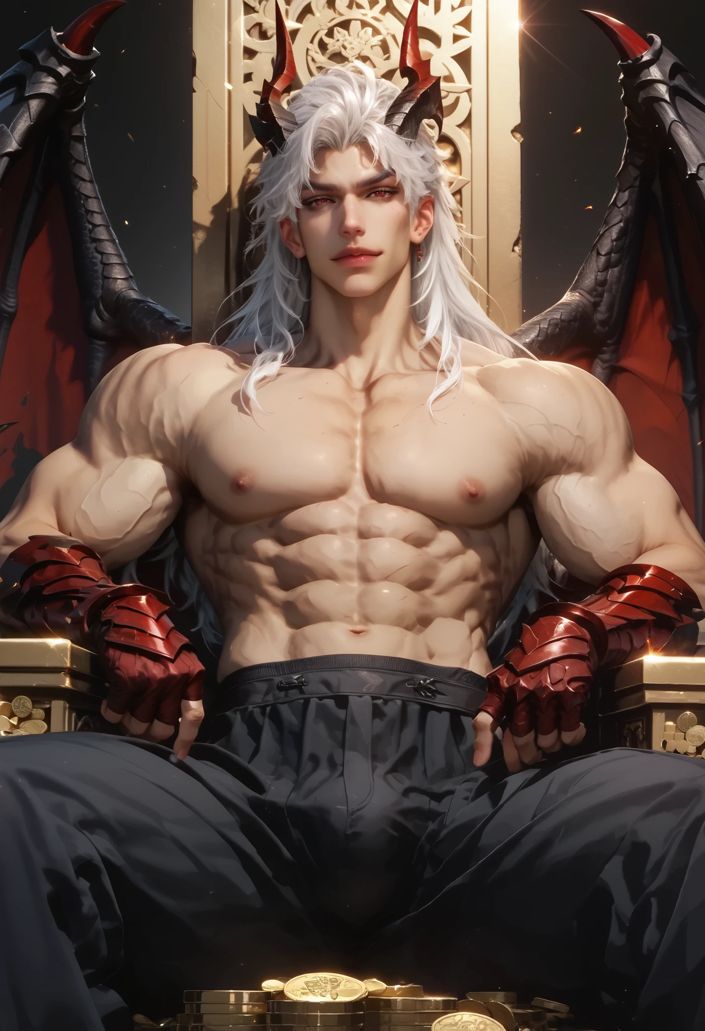 Anime illustration semi-realism of Chinese human dragon hybrid male, semi realistic, shirtless under armor, shirtless, topless, no shirt, muscular, very broad shoulders, smaller waist, slightly muscular body, Asian eyes, monolid eyes, long hair, (((long white hair))), pretty lips, (((red eyes))), sleek design, evil smirk, masculine facial features, detailed face, handsome face, sharp facial features, big bulge, sitting leaning back on big golden throne on top of gold coins arms on armrest, looking at viewer, dynamic light, black and red dragon wings, black dragon horns, has a black dragon tail, black and red armor, black red pointy jagged sharp hand armor, black red pointy jagged sharp body armor, black tight leather pants, full body picture,