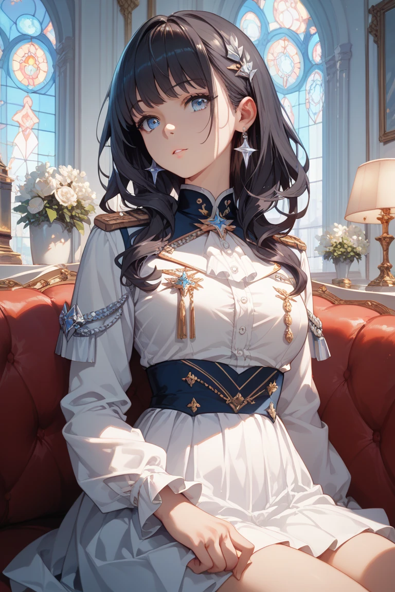 ((1 girl)), White stylish dress, Sit on a chair, Lady, Cowboy Shot,((Very detailed,highest quality, High resolution, 8k wallpaper, Beautiful clothes,)),((Navy Hair, Long Hair,Straight hair)),eye shadow, eyeliner,Glow Eye, Very detailedな目, Complex eyes, Beautiful Eyes, ((Sparkling blue eyes)),18-year-old girl
