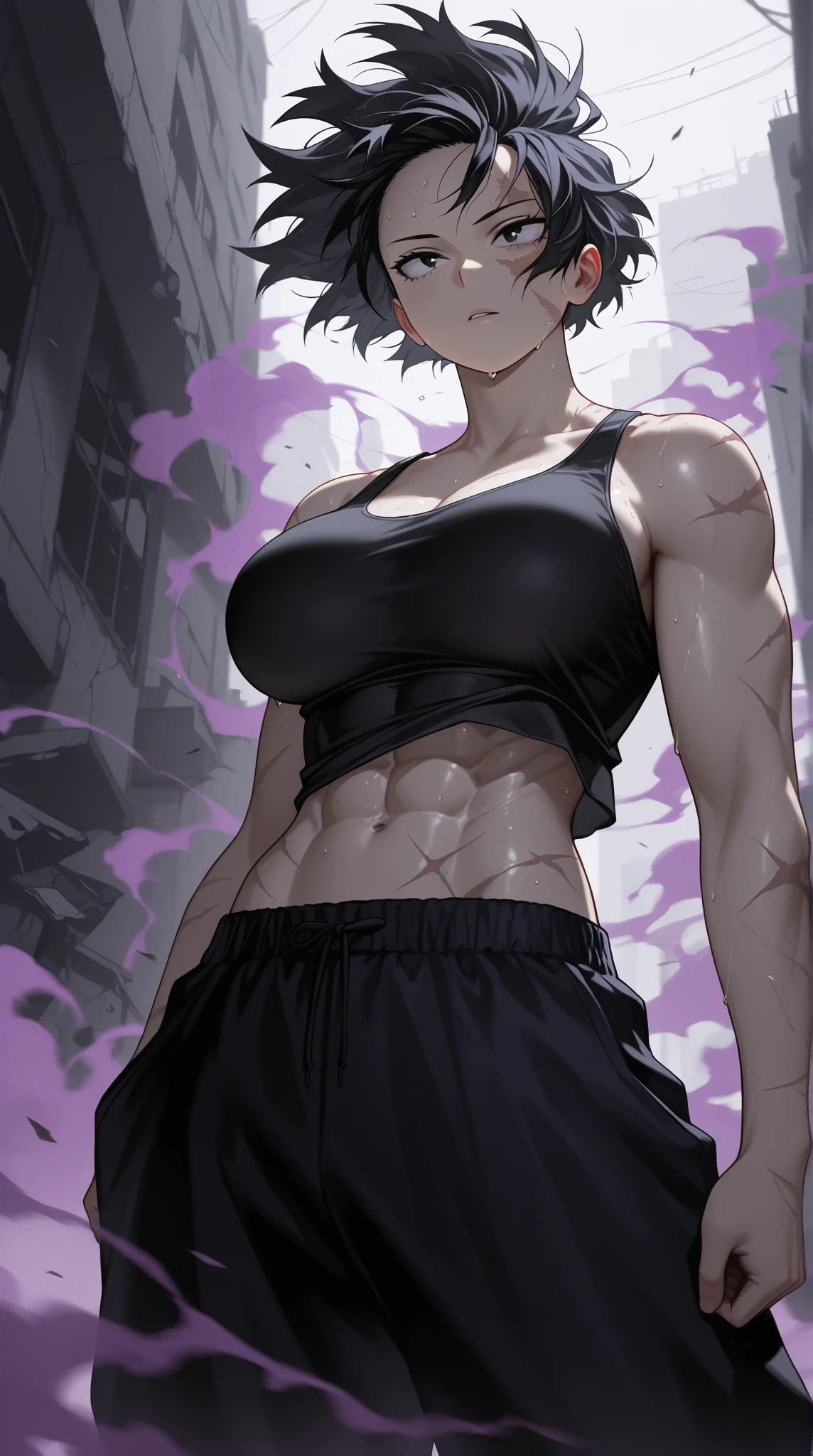 best quality, super fine, 16k, incredibly absurdres, extremely detailed, delicate and dynamic, cute boyish goddess, short bouncy silver messy hair, captivating look, aroused expression, purple eyes, (thin flat body line:1.3), black ninja-like outfit, cropped shirt, abs, knee-length short pants, hiding in an old castle, night, moon light