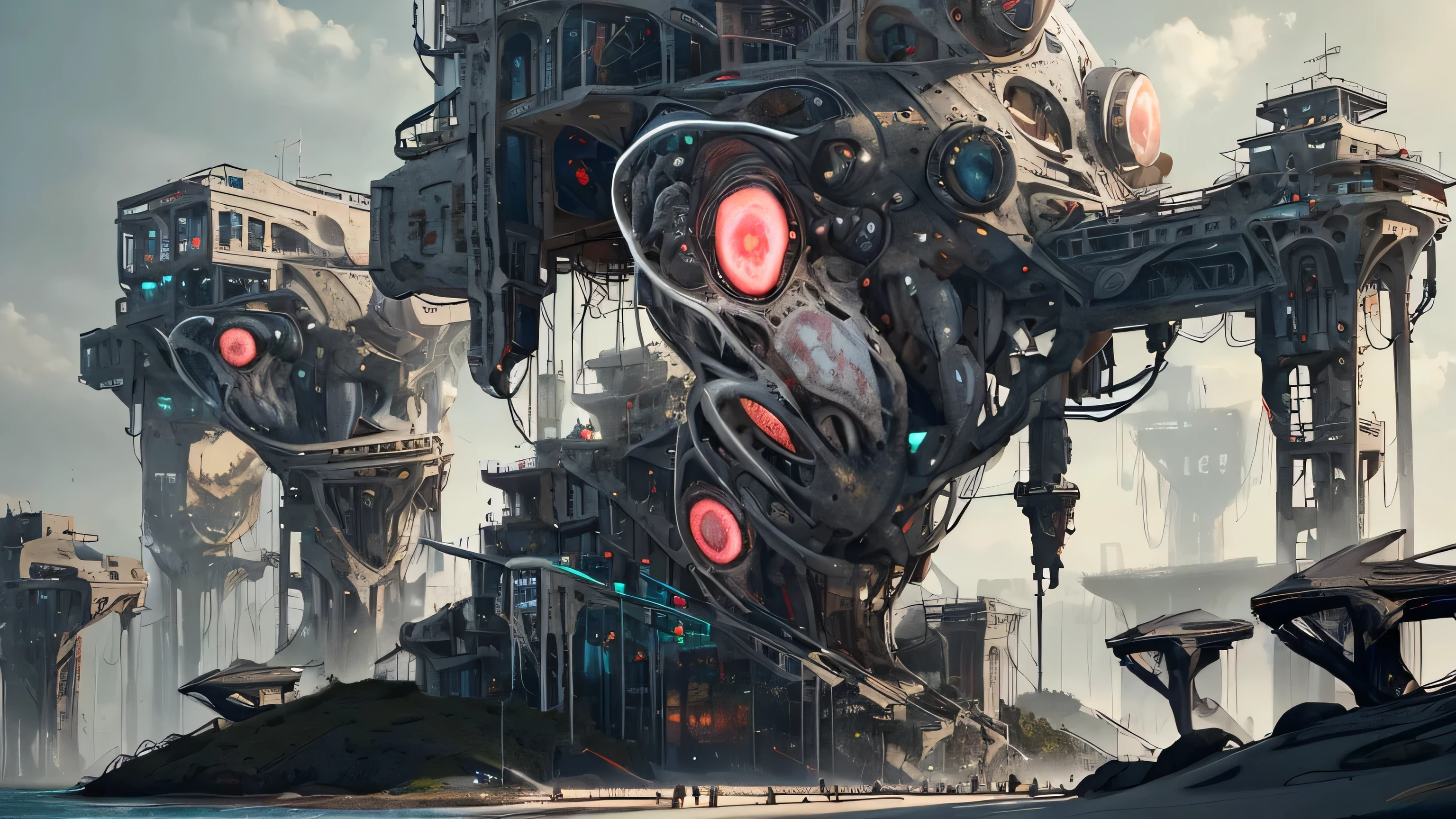 Futuristic city with a giant structure in the middle of the ocean ...