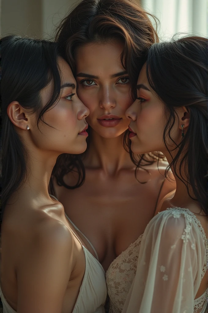(RAW photo, best quality), (realistic, photo-realistic:1.3),best quality,highly detailed,masterpiece,ultra-detailed,illustration,3_hot_naked_girl,upper_body,dynamic angle,world masterpiece theater,messy_long_hair,best quality,extremely detailed CG unity 8k wallpaper,ink,Amazing,cinematic lighting,lens_flare, dunhuang_style