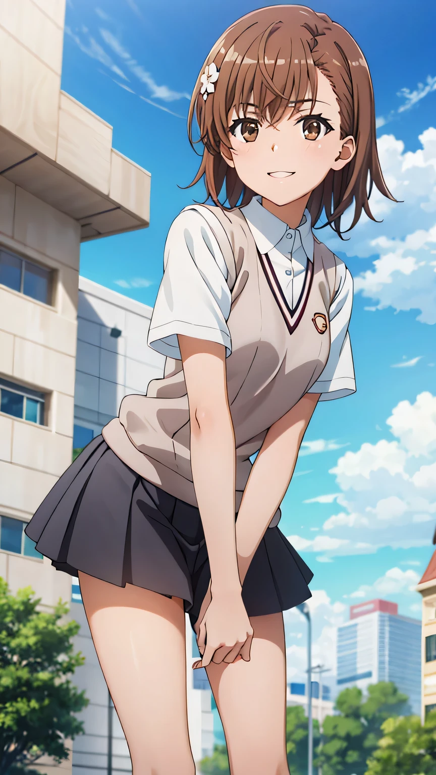 {{{masterpiece}}}, (best quality:1.5), (ultra-detailed:1.5), {illustration}, {{an extremely delicate and beautiful}}, (beautiful detailed eyes:1.6), absurdres, highres, extremely detailed face, 16k, hd, visual anime de uma jovem mulher, extremamente bonito rosto de anime, anime melhor garota, (perfect hands, perfect anatomy), anime face, mikoto misaka(A Certain Scientific Railgun), 1girl, solo, cute face, short hair, brown hair, hair ornament, hair flower, hairclip, crossed bangs, (brown eyes:1.4), medium breasts, big hips, curvaceous, BREAK, {tokiwadai school uniform}, {school uniform}, brown vest, sweater vest, white shirt, short sleeves, collared shirt, pleated skirt, grey skirt, mini skirt, slouchy socks, white short socks, brown loafers, BREAK, standing, smiling, outdoor, sky, public park, reaching out a hand