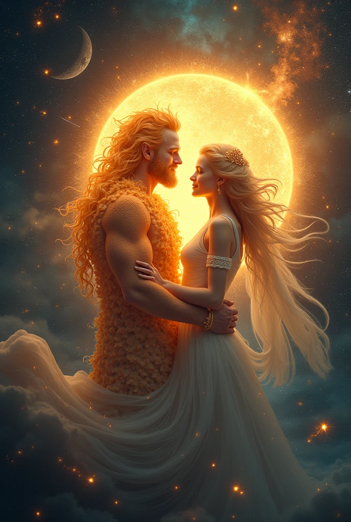 Create an image showing a romantic scene where a female figure, symbolizing the Sun, and a male figure, representing the Moon, are sharing a French kiss. The female Sun has simple, straight hair flowing down, while the male Moon has a serene, gentle appearance. In the background, a larger Sun and Moon are visible, casting a soft, magical glow over the scene, enhancing the celestial atmosphere. The setting should feel both warm and mysterious, blending the contrasting energies of day and night.