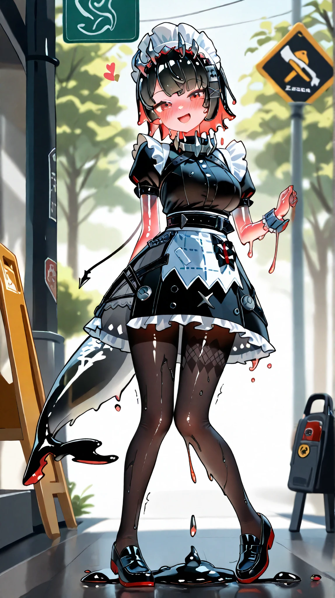 (Zenless Zone Zero), (ellen joe as a Slime girl with slime body, melting slime girl, viscuous body:1.7, melting through her pantyhose, legs crumbling, 1 young beautiful woman, very shiny wrinkled and wet clothes, pantyhose, black loafers, Slime hair, enchanting smile, open mouth, blushing, red eyes, very beautiful and detailed face), (full body, masterpiece, top quality, very detailed depiction)