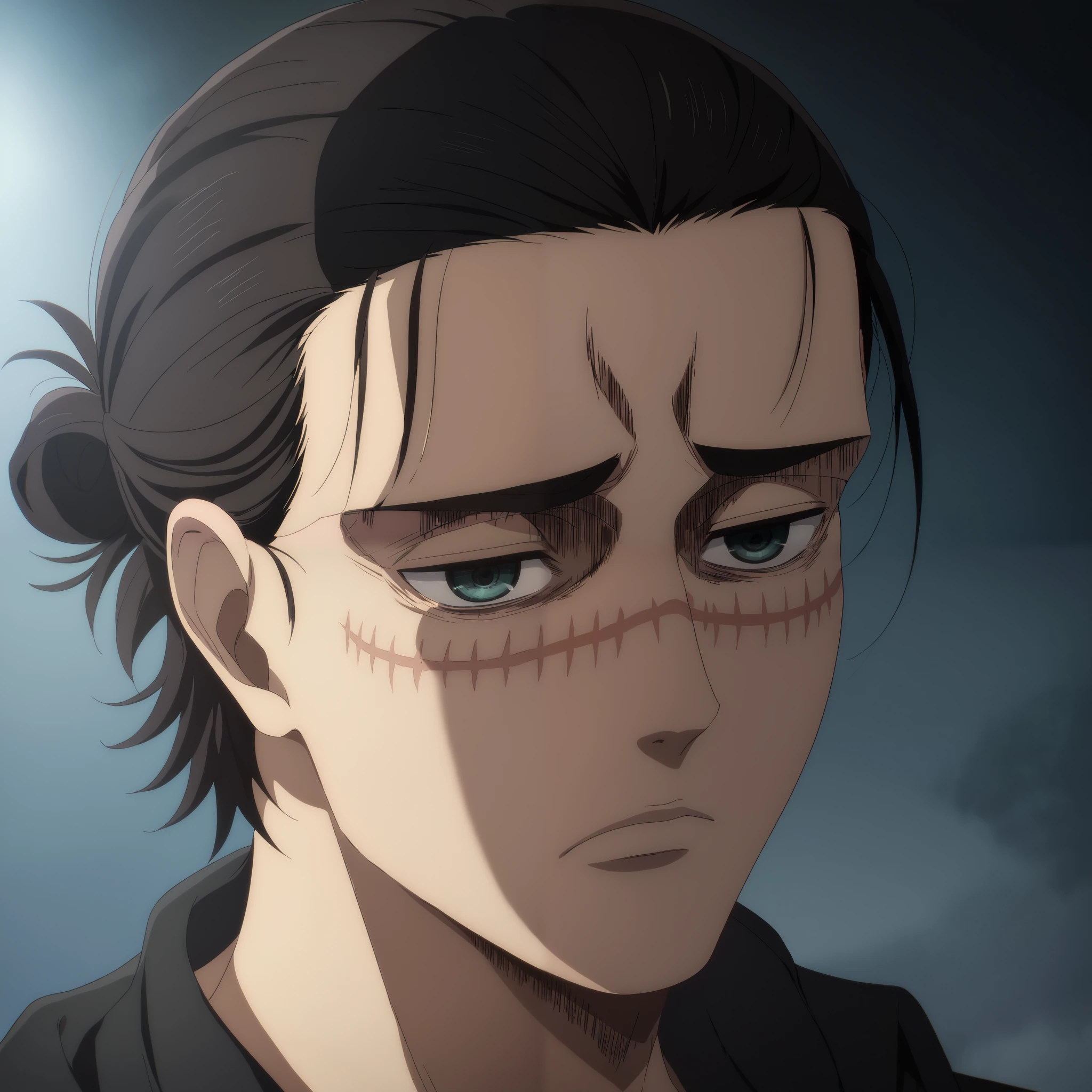 an hiperealistic shot of Eren Yeager ((horizontal scar on face)), short hair, hair bun, ((strong black hair)), single hair bun, panorama, expressionless, best background scenery , hight quality details, best quality, 4k, attack on titan animation style, manwha style, ((sad)), dutch angle, ((best quality,Super precise depiction), ((all black realy dark background)), his usual facial expression a feeling of condescension and distrust.