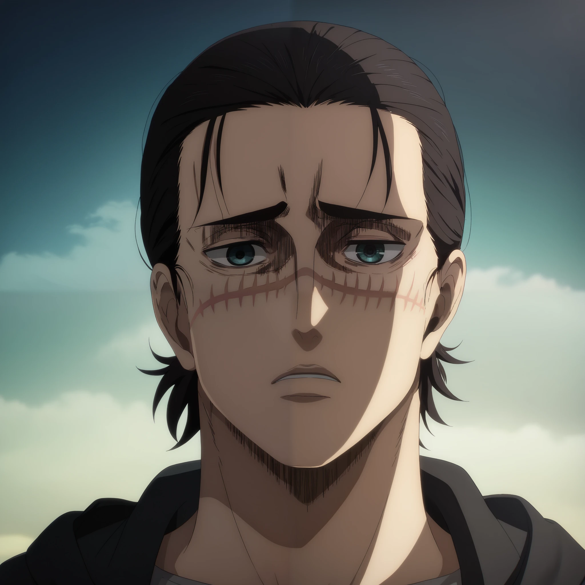 an hiperealistic shot of Eren Yeager ((horizontal scar on face)), short hair, hair bun, ((strong black hair)), single hair bun, panorama, expressionless, best background scenery , hight quality details, best quality, 4k, attack on titan animation style, manwha style, ((sad)), dutch angle, ((best quality,Super precise depiction), ((all black realy dark background)), his usual facial expression a feeling of condescension and distrust.

