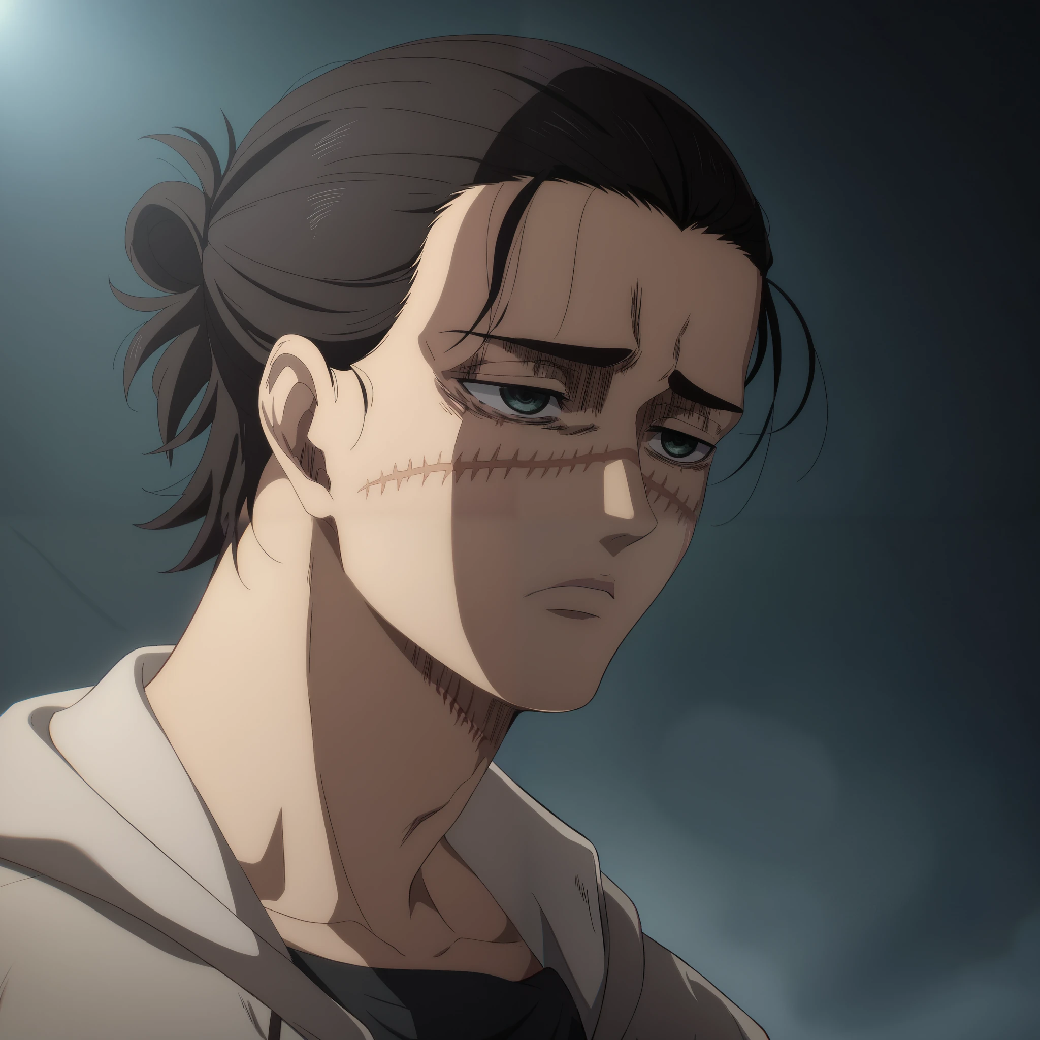 an hiperealistic shot of Eren Yeager ((horizontal scar on face)), short hair, hair bun, ((strong black hair)), single hair bun, panorama, expressionless, best background scenery , hight quality details, best quality, 4k, attack on titan animation style, manwha style, ((sad)), dutch angle, ((best quality,Super precise depiction), ((all black realy dark background)), his usual facial expression a feeling of condescension and distrust.