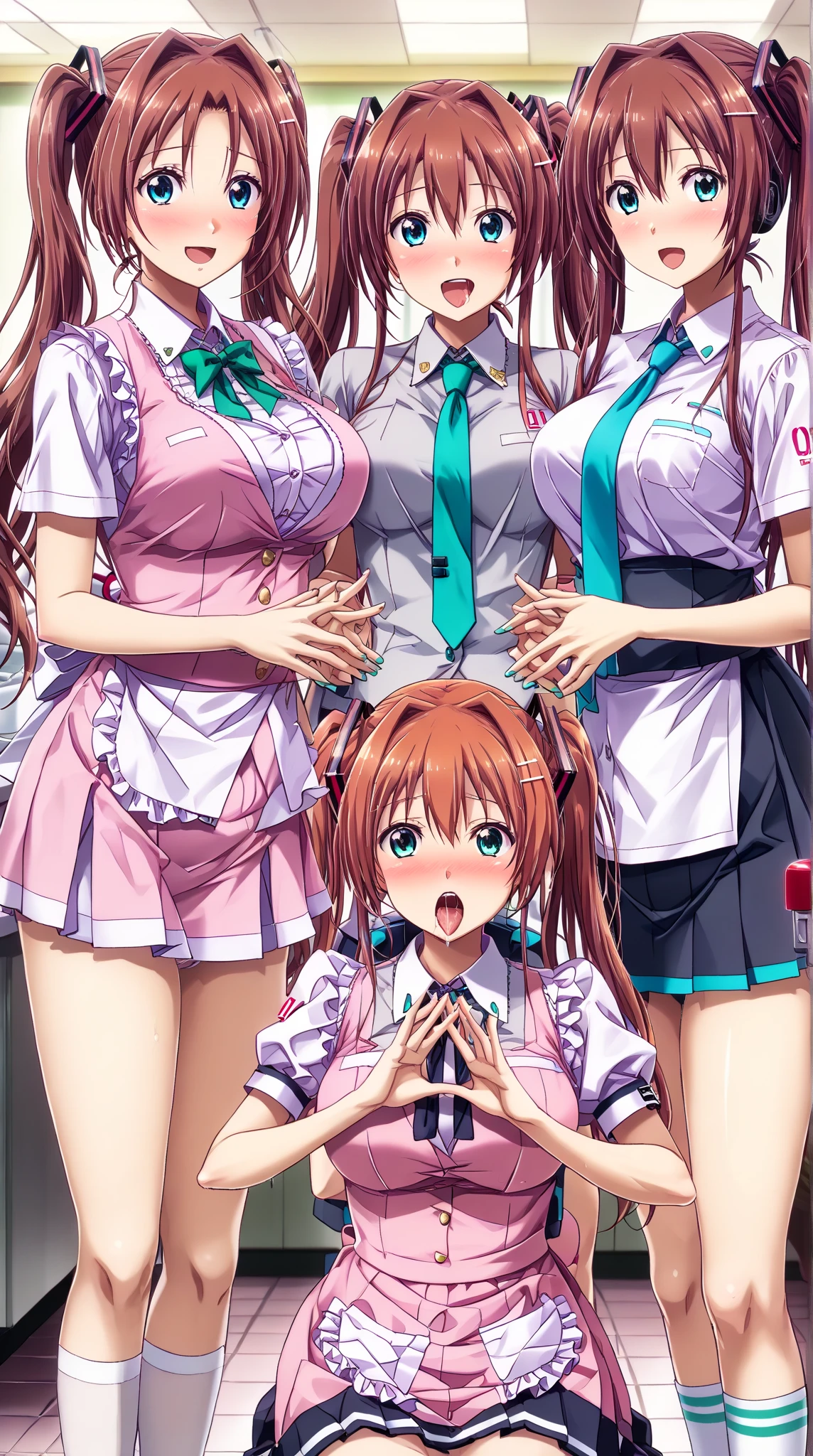 asakura_yume,Brown Hair,Normal chest,Aqua Eye,White skin,(((((woman1people))))),(((((University classroom))))),((By Meng_Sitting in a chair)),(((Several delinquent men with beards))),(((((By Meng_Surrounded by delinquent male molesters))))),((((By Meng_Being stared at by a pervert))))),(((((Bust up shot))))),(((((green_Summer Dresses))))),(((valley))),No bra,smile,Open your mouth,
