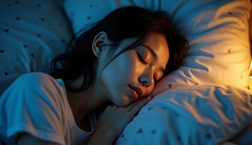 a closeup photo of a woman lying in her bed to sleep. blue coloring