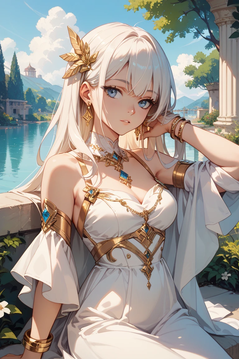 best quality, masterpiece, 1girl, solo, beautiful, perfect anatomy, young, mature, sexy, grassland, wearing sexy intricate white leotard, loose cloth, beautiful embroidery, beautiful smile, detailed face, nice body, nice proportions, fireflies, fantasy, long beautiful hair, rain, wet, ruins, ancient, moss, trees, foliage, mountains, vast landscape, anciet ruins, greek, roman, fantasy, out door lighting, clouds, blue sky