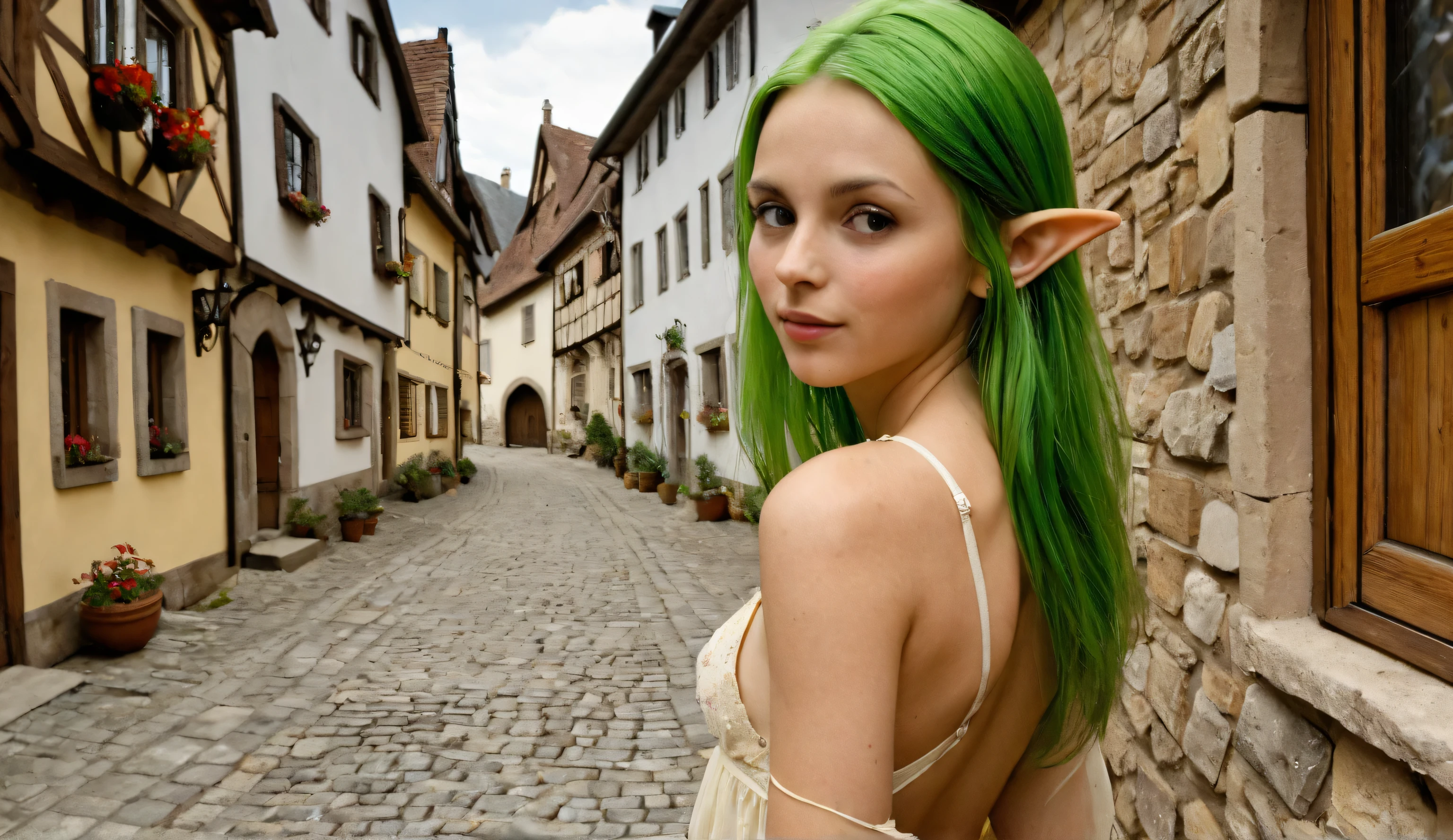A petite elf with vibrant green hair turns around gracefully in a charming European timber-framed town. The cobblestone streets are lined with half-timbered houses, their wooden beams and colorful facades creating a picturesque medieval atmosphere. The elf’s delicate features and pointed ears stand out as she gazes back with a curious and gentle expression. The warm sunlight bathes the town, enhancing the fairytale-like ambiance of the scene.