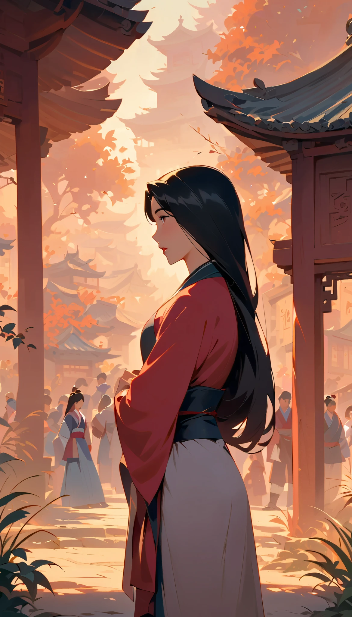 Hua Mulan,Show female bravery,shy,like a porcelain doll, fine features, delicate,Black and red color scheme,poster,iconic disney characters。shonen style, anime style, straight hair, big hair, ((long hair)) ,chinese young woman warrior, black hair, traditional japanese dress, wind blow, leaves flying, backlit, tall gray reed grass foreground blurry, bottom perspective, panoramic view, fantastic lighting, detailed,, blossom