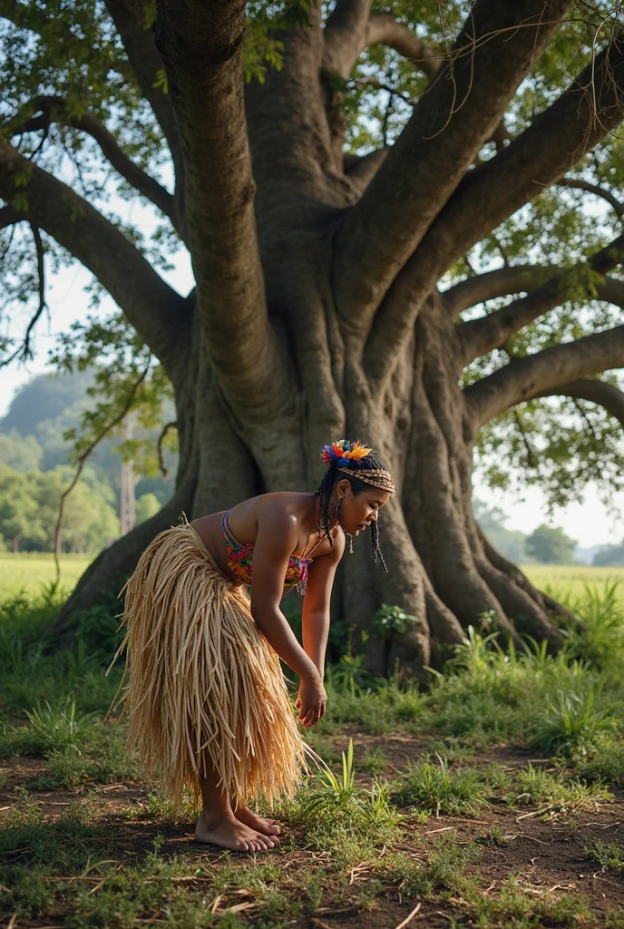 two individuals dressed in costumes reminiscent of a tribal style, with bodies painted and decorated with leaves. They are holding a woman on a wooden bar, and she is lying differently, wearing a colorful outfit with a cultural look. The scene takes place in a lush green forest, surrounded by plants. The individuals' facial expressions are intense, suggesting that the image is part of a creative or artistic representation in a natural environment.