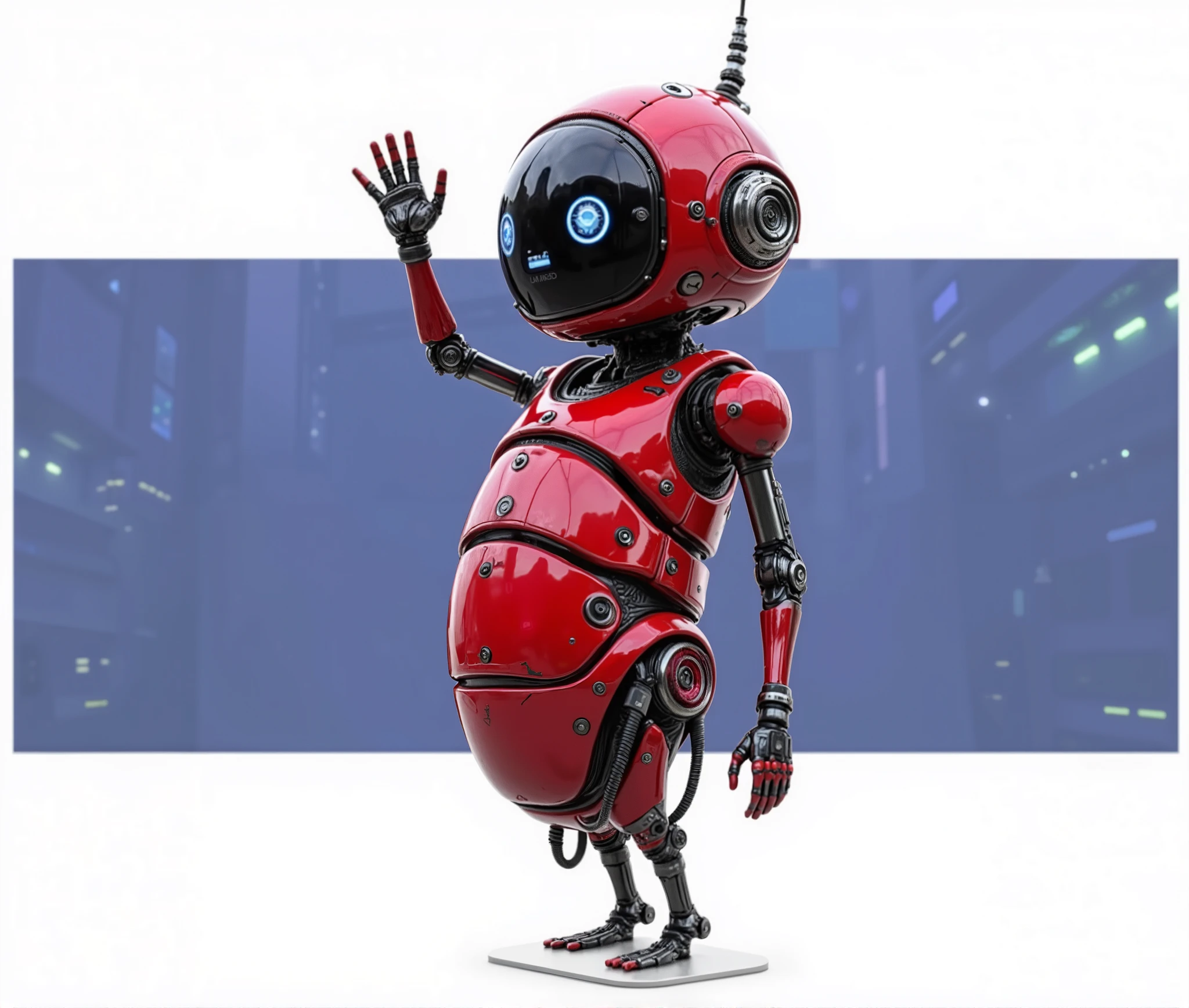 "Charming little Android, red in color, with segmented cylindrical body, slender arms and legs, round head with big, expressive eyes under a glass mask. It has a handle on the top of the head, realistic and technological, but not funny, but spectacular, Whole body, Expression of a person. Provided between head and body