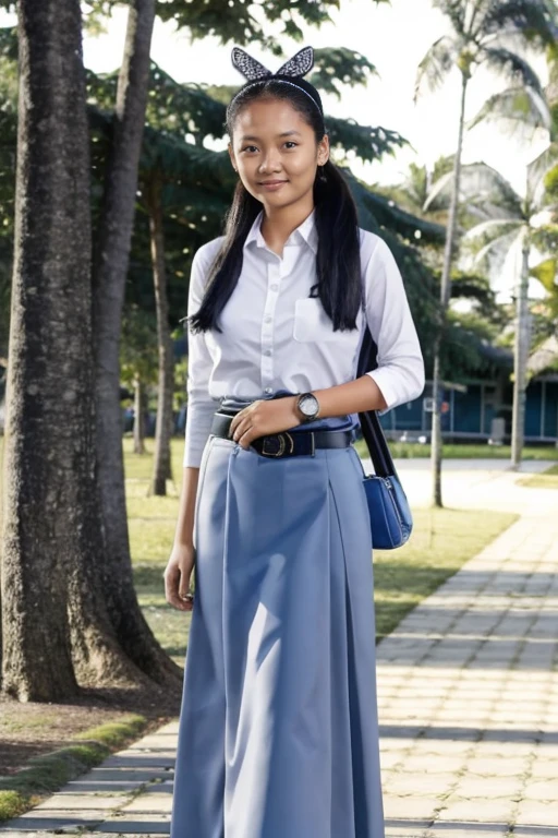 1970s era, 1970s hairstyles and fashion style, shot on 35mm film, An extreme low angle captivating photograph taken from the ground level below of a 16 year old Indonesian high school girl, with perfect face and perfect body, posing outdoor with the background of a vintage intricately detailed Dutch colonial building. She is silhouetted against a radiant, open sky. With her long, tied-back hair flowing gracefully, she dons a humble uniform, white short sleeves shirt with brown patch on her left pocket grey pleated skirt and black belt, and a black school bag, she gazes intently at the camera, exuding an enigmatic aura. The striking, high-contrast lighting enhances the atmosphere, making this scene truly unforgettable. She is looking directly unto the camera with lost look and a slight smile, with cinematic lighting, professional high definition photography style ,fotorrealista
