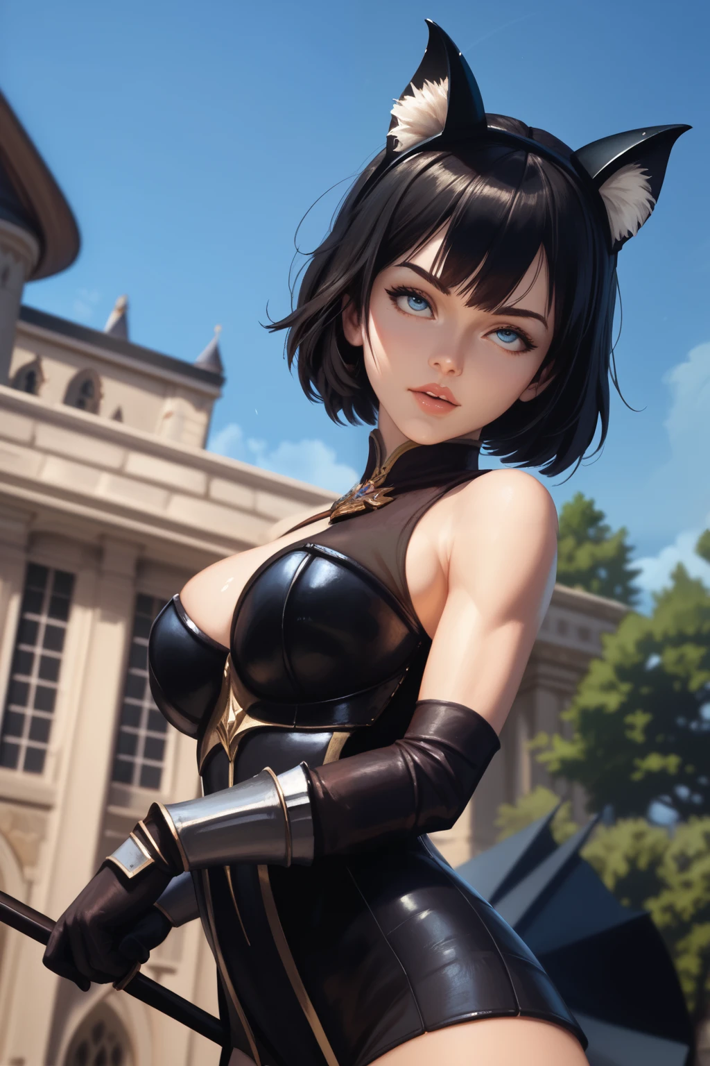 anime style photograph - there is a woman in a black and white outfit posing for a picture, short haircut, bob haircut, orange eyes, silver eyes, stoic facial expression, attractive cat girl, thicc