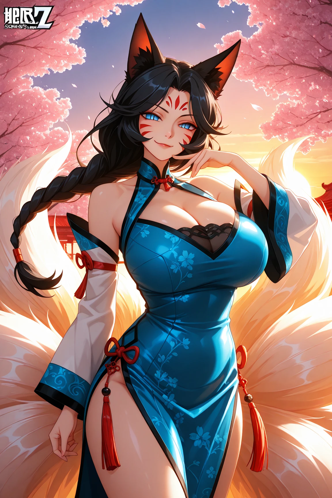 Best quality at best, masterpiece, A high resolution, 8k、intricate-detail、top-quality、ultra-detailliert、The best lighting、Best Shadows、Soft lighting、Ultra HD,solo, long hair, blue eyes, long hair, big breasts, bangs, navel,cleavage, deep blue hair, brave,25 years old,detailed face,detailed eyes,spiky cat ears,red hair band,confident,cowboy shot,chinese traditional dress,only one deep blue cat tail