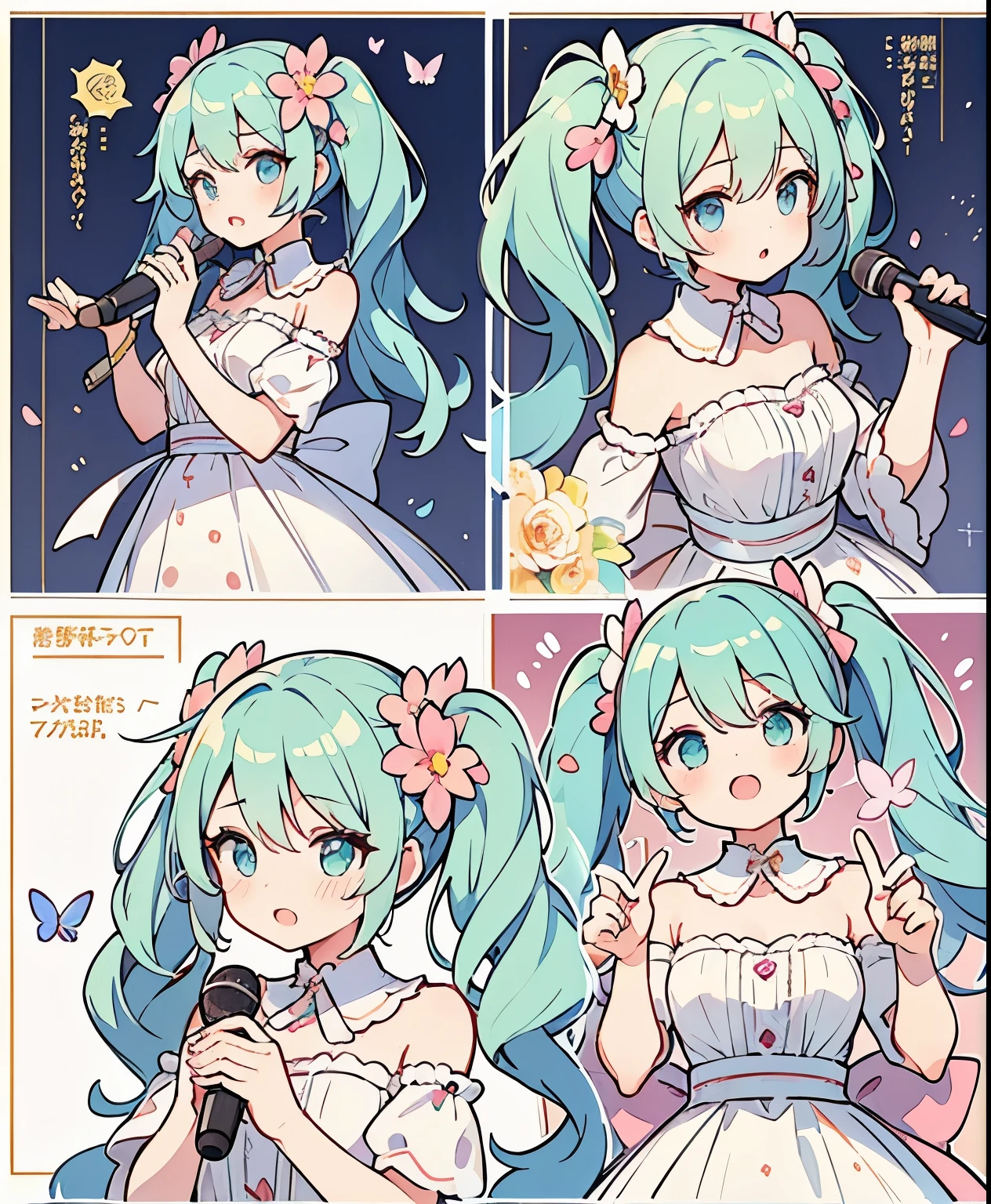 ( masterpiece、 Top Quality、 Top Quality、Official Art、 beautiful and beautiful :1.2)、(one girl:1.3) Hatsune Miku、twin tails, beautiful breasts,multiple views, pencil happentch, (happentch:1.25), best quality, Graphite \\(medium\\), happen, gradation , rainbow, Note, Line Draft, High Resolution, Absard Dress, (超High Resolution:1.1), ( illustration of a woman with a penis :1.1), ( Infographic:1.2), pajamas, (Coherent Background :1.15), (Alone), perfectly drawn hands , standing, cohesive background , paper, action, (Character Designs:1.1),
Guzzling ,
Full, twin tails, 1 girl, A girl in a beautiful fairy costume, She becomes an idol and sings surrounded by flowers and butterflies.. ((Hold the flower microphone)), sing, content:watercolor. style: Quirky and Delicate , ren's'Book.