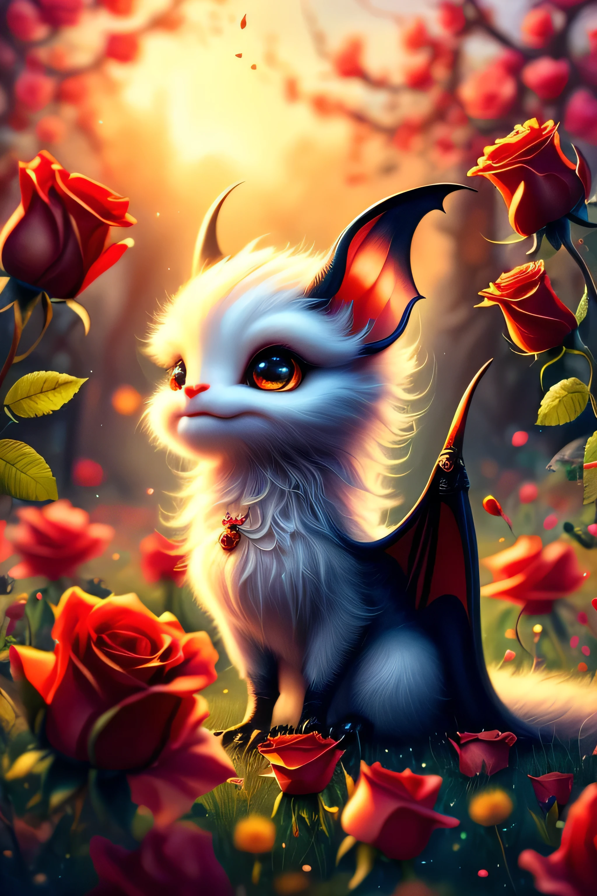 whimsical airbrush and oil painting, best angle of a Very cute mythical graceful transparent anthropomorphic bat spirit holds red rose, thin arms, fragile thread legs, red rose flower spirit, intricate black bat wings with red roses. Soft focused gothic castle in the bg. Mystical field where red roses grows in a professional photograph by Awwchang :: Luis Royo :: WLOP :: Artgerm Lau :: Anne Stokes :: natural deep colors