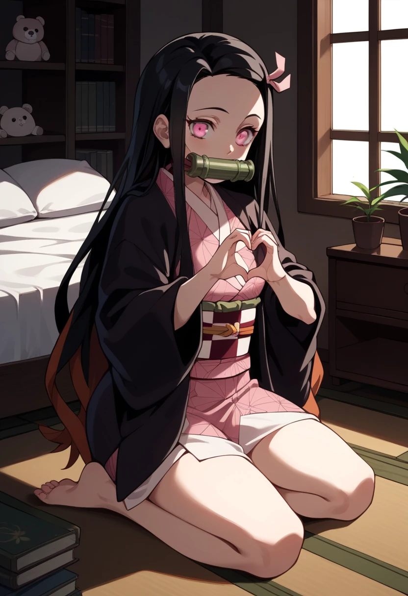 nezukokamado, nezuko kamado, bamboo, (bit gag:1.5), black hair, (forehead:1.5), gag, gagged, hair ribbon, long hair, multicolored hair, (pink eyes:1.5), orange hair, slit pupils, wavy hair, two-tone hair, BREAK asa no ha (pattern), checkered sash, haori, japanese clothes, kimono, long sleeves, obi, pink kimono, sash, wariza, wide sleeves, BREAK looking at viewer, BREAK indoors, BREAK (masterpiece:1.2), best quality, high resolution, unity 8k wallpaper, (illustration:0.8), (beautiful detailed eyes:1.6), extremely detailed face, perfect lighting, extremely detailed CG, (perfect hands, perfect anatomy),
