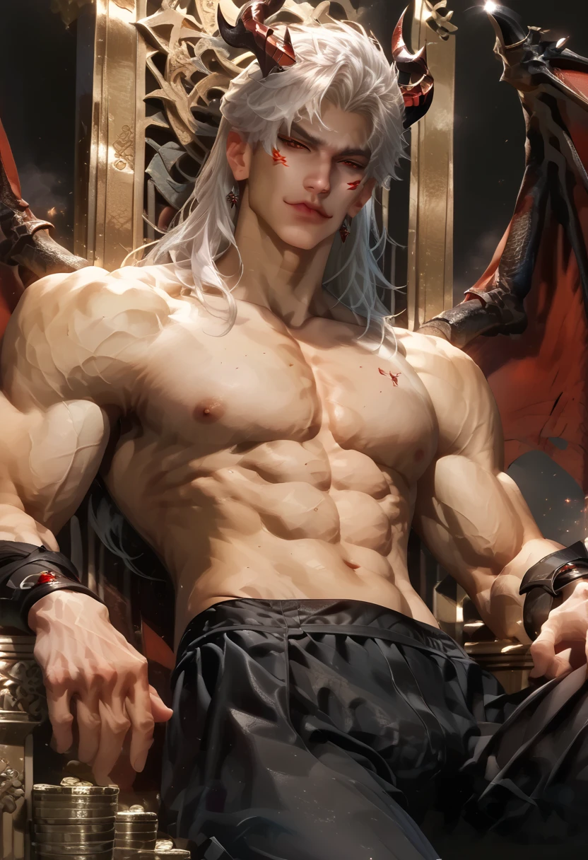 1 man,guy, handsome,Standing on a hill, at night,,white hair, long hair, red eyes,No shirt (nude), black shorts,at night,ultra detail, perfect face, clear face, HD face,Ultra detailed face,half body photo