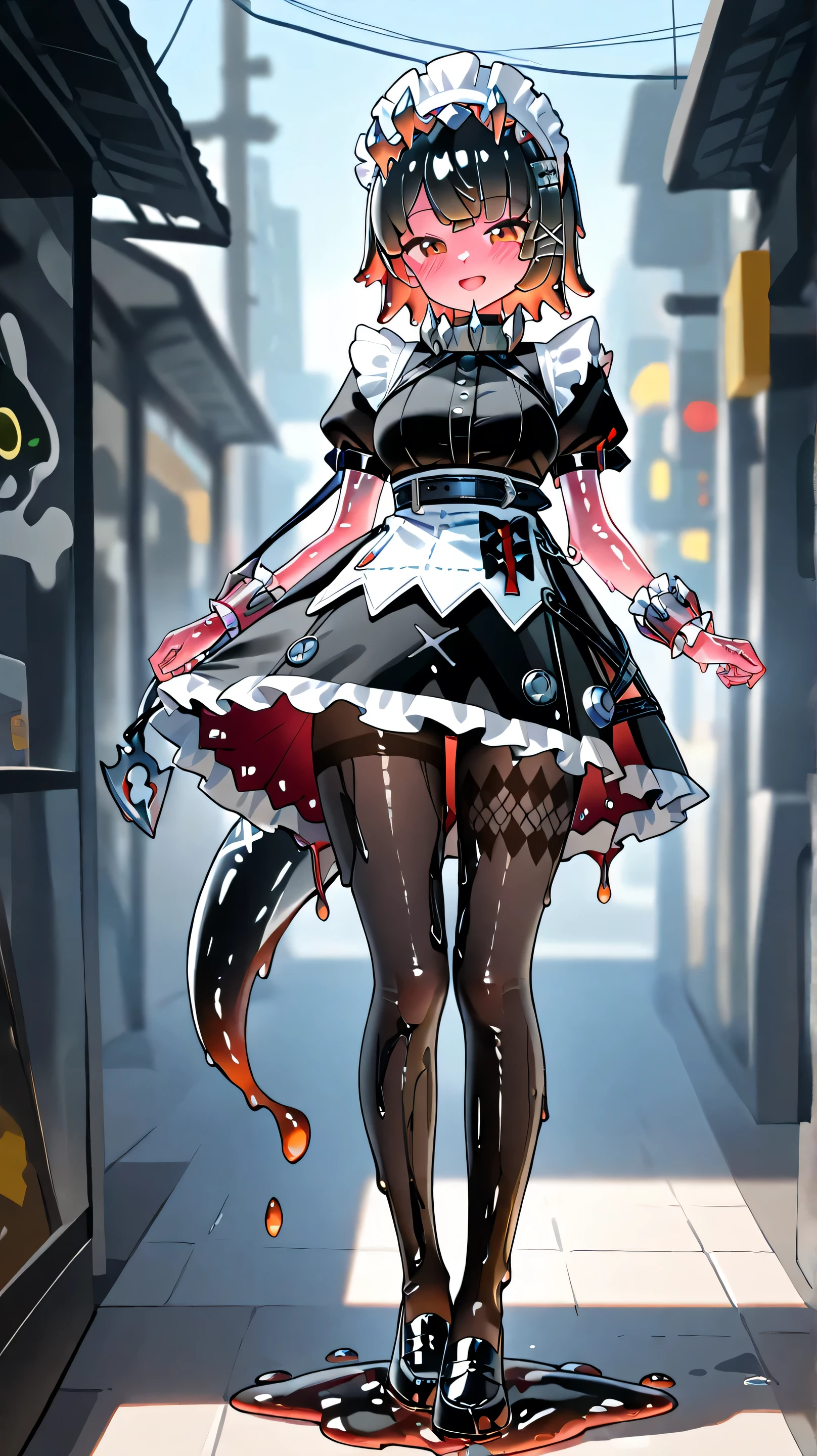 (Zenless Zone Zero), (ellen joe as a Slime girl with slime body, melting slime girl, viscuous body:1.7, melting through her pantyhose, slime legs crumbling, slime legs melting, melting feet, ung beautiful woman, very shiny wrinkled and wet clothes, wet pantyhose, slimy pantyhose, black loafers, Slime hair, enchanting smile, open mouth, blushing, red eyes, very beautiful and detailed face), (full body, masterpiece, top quality, very detailed depiction)