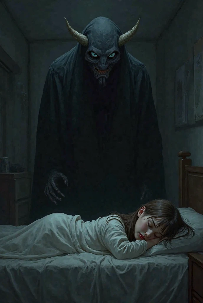 The witch, with her terrifying appearance, is seen lifting the child gently, her eyes glowing ominously. The parents are still asleep, unaware of the horror unfolding beside them.