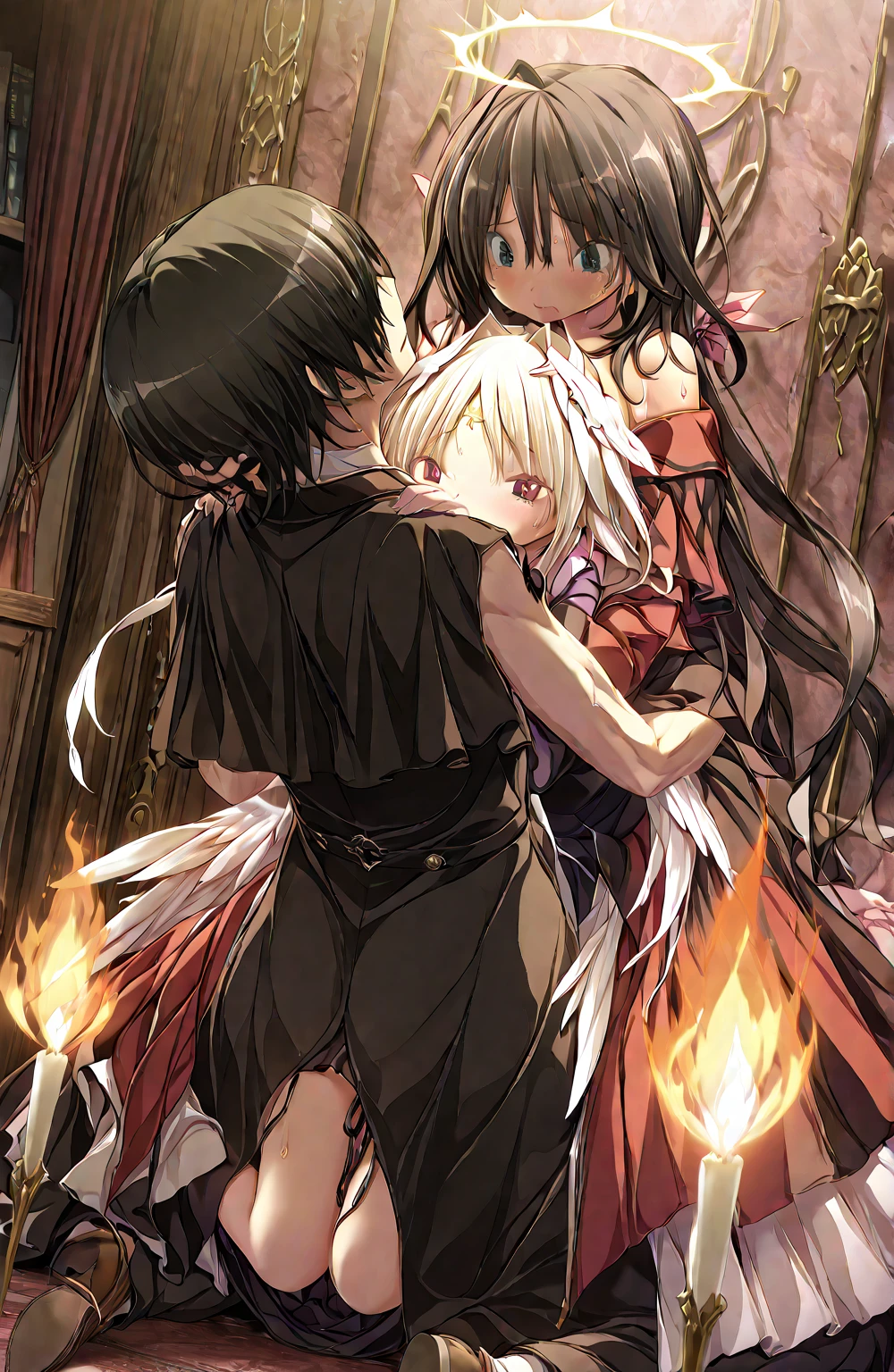 ((Highest quality)), ((masterpiece)), (detailed), (Perfect Face)、The woman is an Extia with medium-long brown hair, wearing a gorgeous black wedding dress with gold embroidery and trim, a black wedding veil, and an engagement ring.、The man is the evil leader, Naioro, a handsome man with medium-long blonde hair.、On a luxurious bed, the brunette woman, Extia, is lying naked on top of the handsome blonde man, Naioro, with his long blond hair, and they are happily having sex in the cowgirl position, making love to each other deeply.、A man and a woman are a deeply loving couple